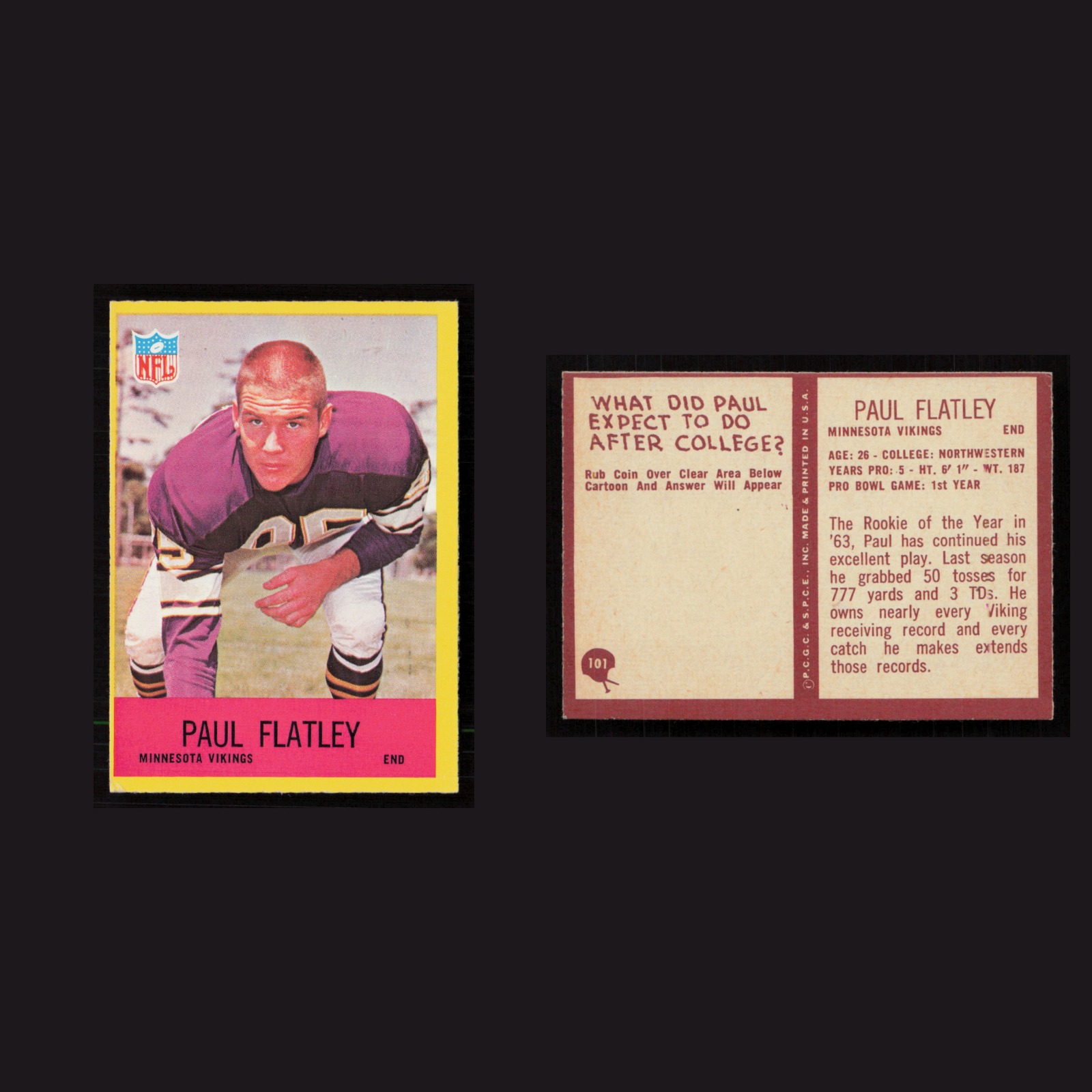 1967 Paul Flatley #101 NM Philadelphia Minnesota Vikings Vintage Football Card front and back scans. Card condition is Near Mint.
