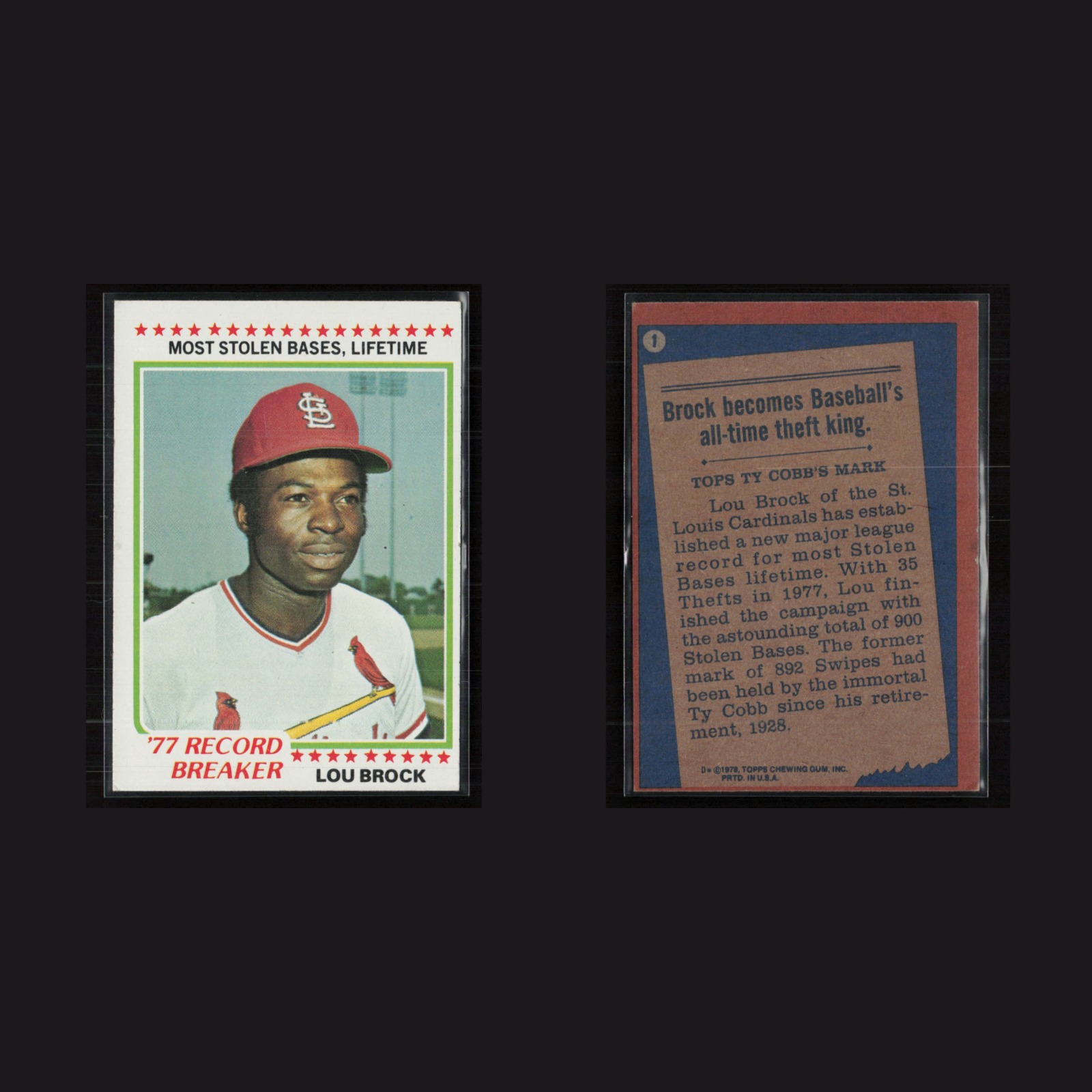 1978 Lou Brock #1 EX-EXMINT Topps St. Louis Cardinals Vintage Baseball Card MLB front and back scans. Card condition is Near Mint.