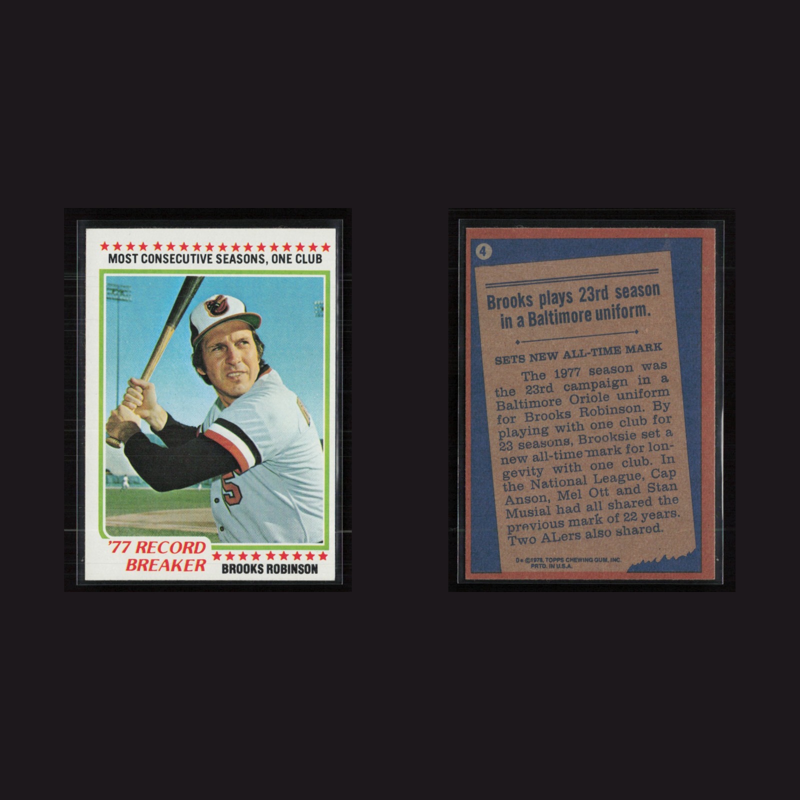 1978 Brooks Robinson #4 NM-MT Topps Baltimore Orioles Vintage Baseball Card MLB front and back scans. Card condition is Near Mint.