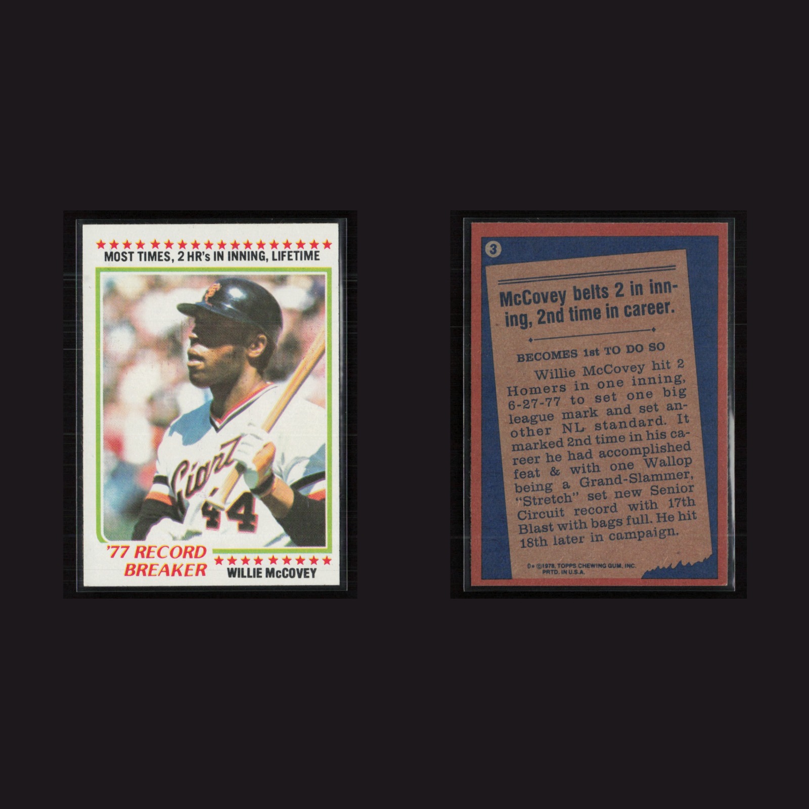 1978 Willie McCovey #3 NM-MT Topps San Francisco Giants Vintage Baseball Card front and back scans. Card condition is Near Mint.