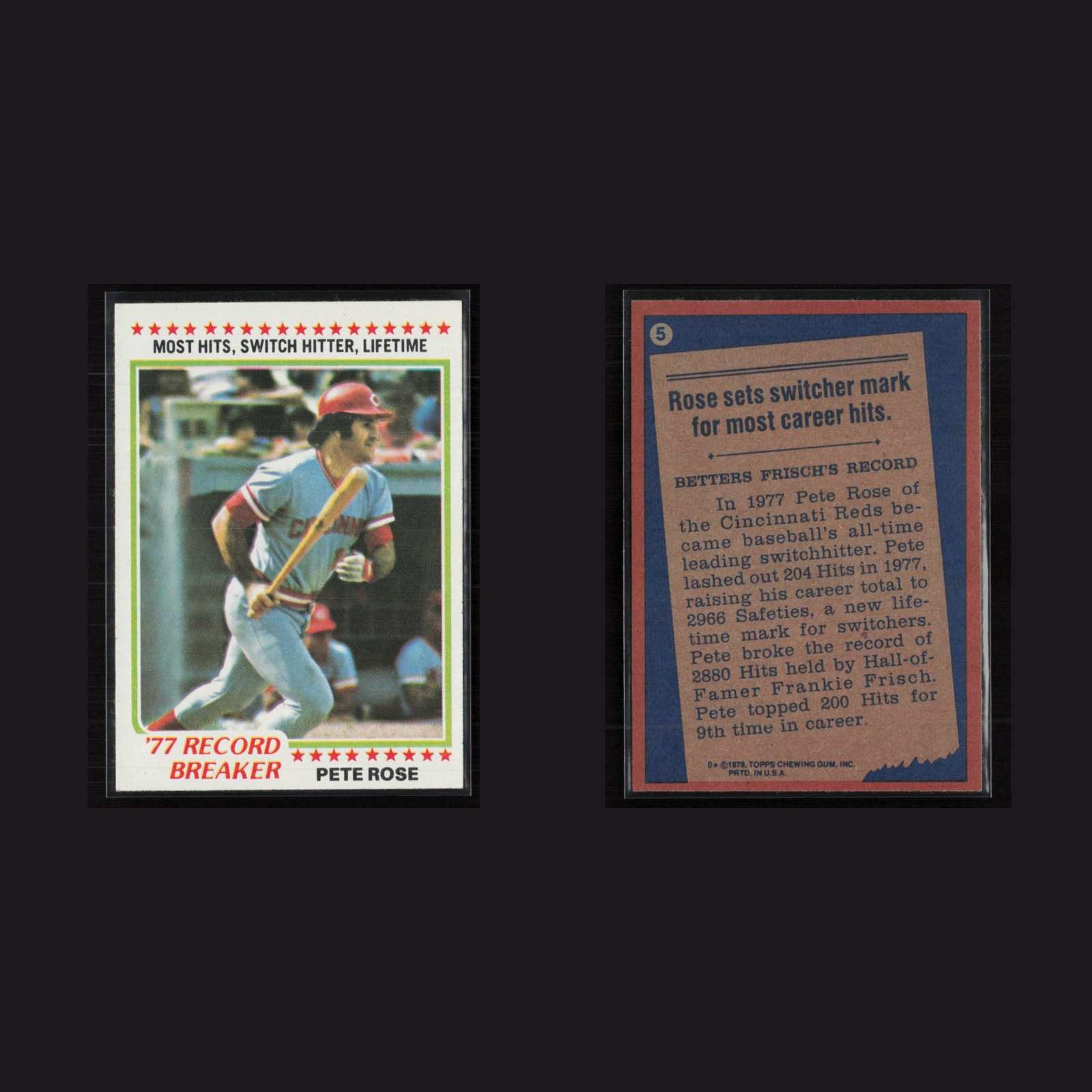 1978 Pete Rose #5 NM-MT Topps Cincinnati Reds Vintage Baseball Card Set-Break front and back scans. Card condition is Near Mint.