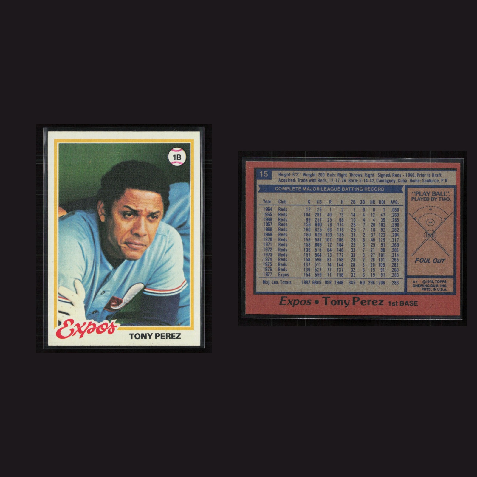 1978 Tony Perez #15 MINT Topps Montreal Expos Vintage Baseball Card Set-Break front and back scans. Card condition is Near Mint.