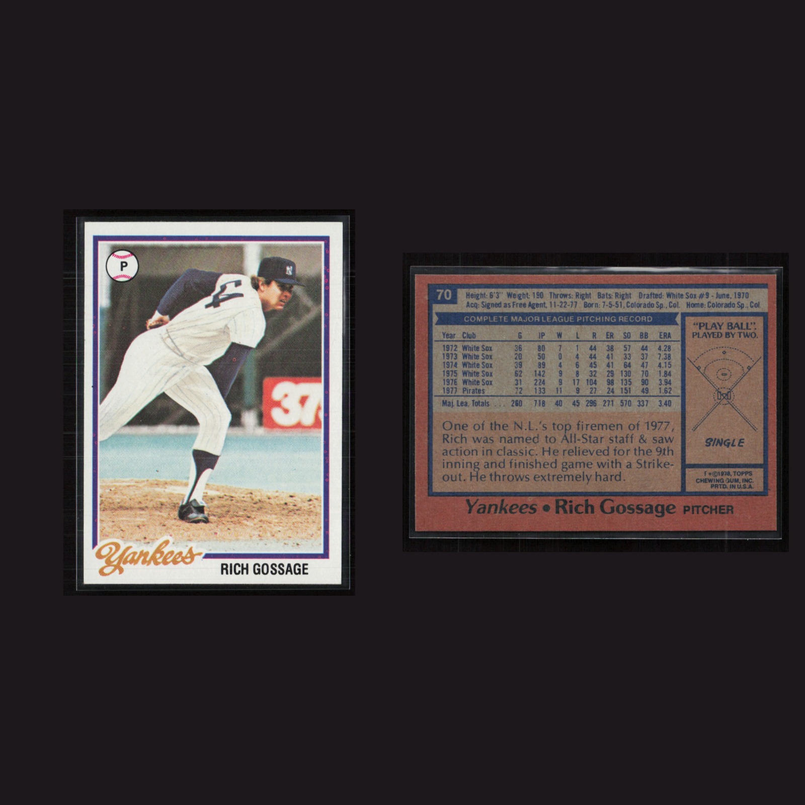 1978 Rich Gossage #70 NM-MT Topps New York Yankees Vintage Baseball Card MLB front and back scans. Card condition is Near Mint.