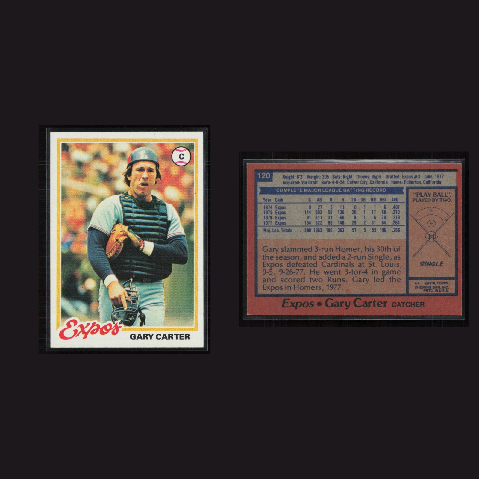 1978 Gary Carter #120 NM-MT Topps Montreal Expos Vintage Baseball Card Set-Break front and back scans. Card condition is Near Mint.