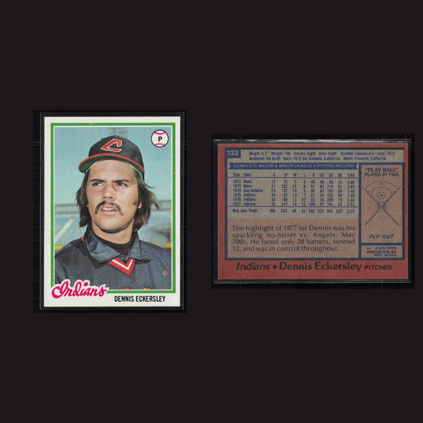 1978 Dennis Eckersley #122 MINT Topps Cleveland Indians Vintage Baseball Card front and back scans. Card condition is Near Mint.