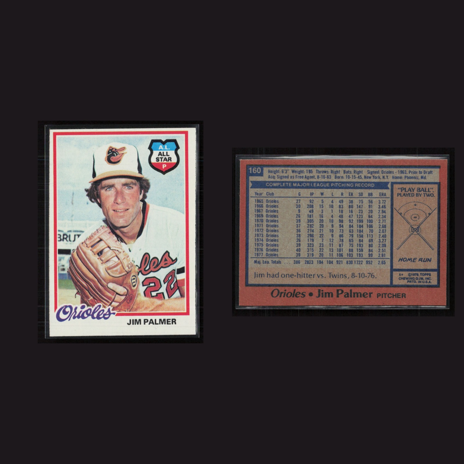 1978 Jim Palmer #160 NM-MT Topps Baltimore Orioles Vintage Baseball Card MLB front and back scans. Card condition is Near Mint.
