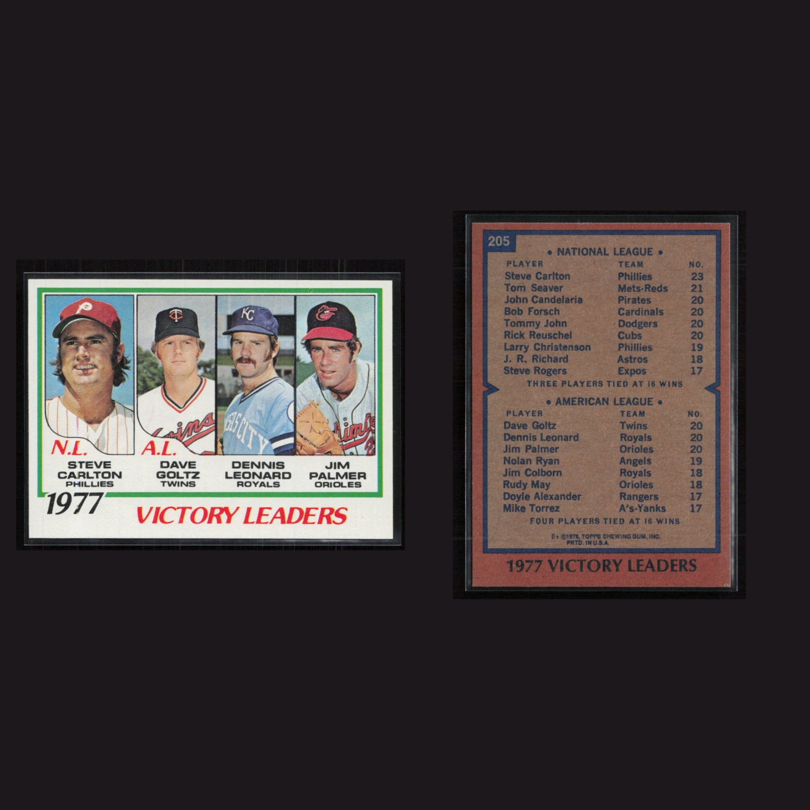 1978 Steve Carlton / Dave Goltz / Dennis Leonard / Jim Palmer #205 MINT Topps front and back scans. Card condition is Near Mint.