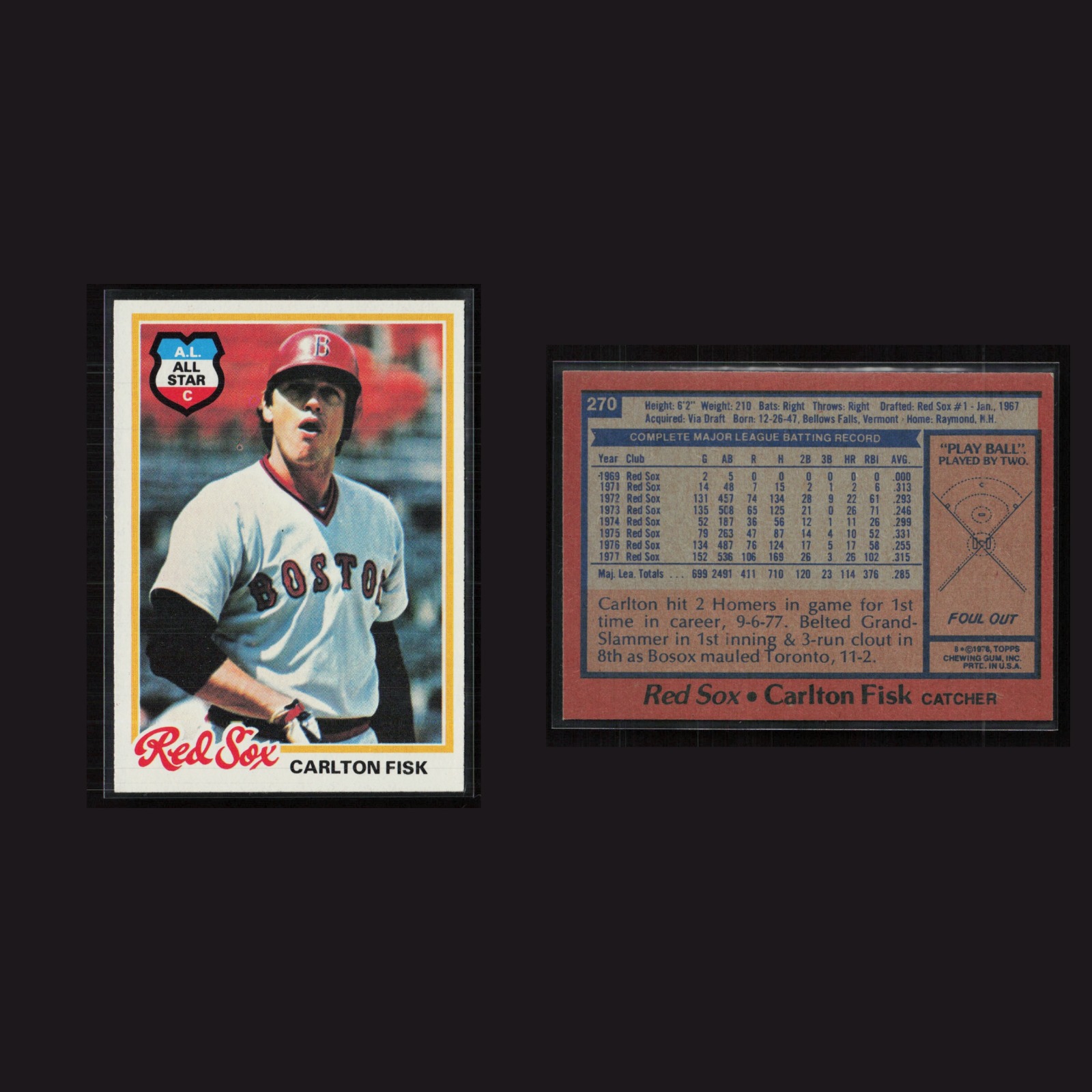 1978 Carlton Fisk #270 NM-MT Topps Boston Red Sox Vintage Baseball Card MLB front and back scans. Card condition is Near Mint.