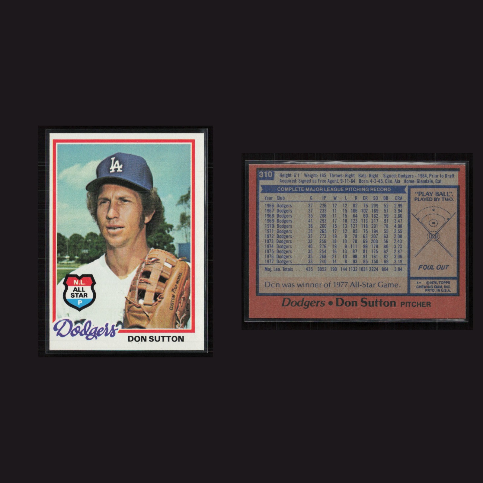 1978 Don Sutton #310 NM-MT Topps Los Angeles Dodgers Vintage Baseball Card MLB front and back scans. Card condition is Near Mint.