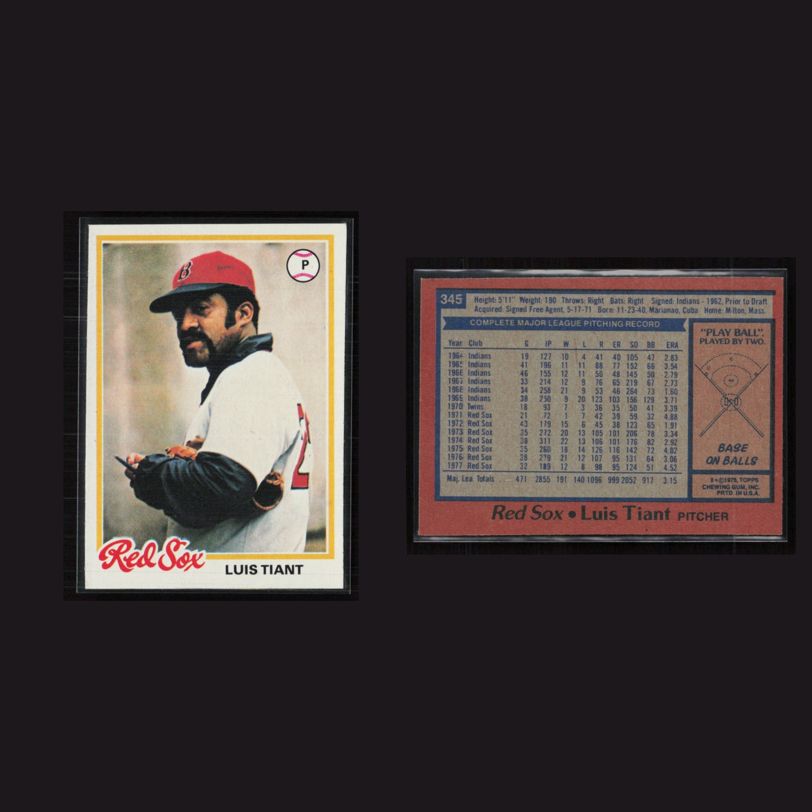 1978 Luis Tiant #345 NM Topps Boston Red Sox Vintage Baseball Card Set-Break MLB front and back scans. Card condition is Near Mint.