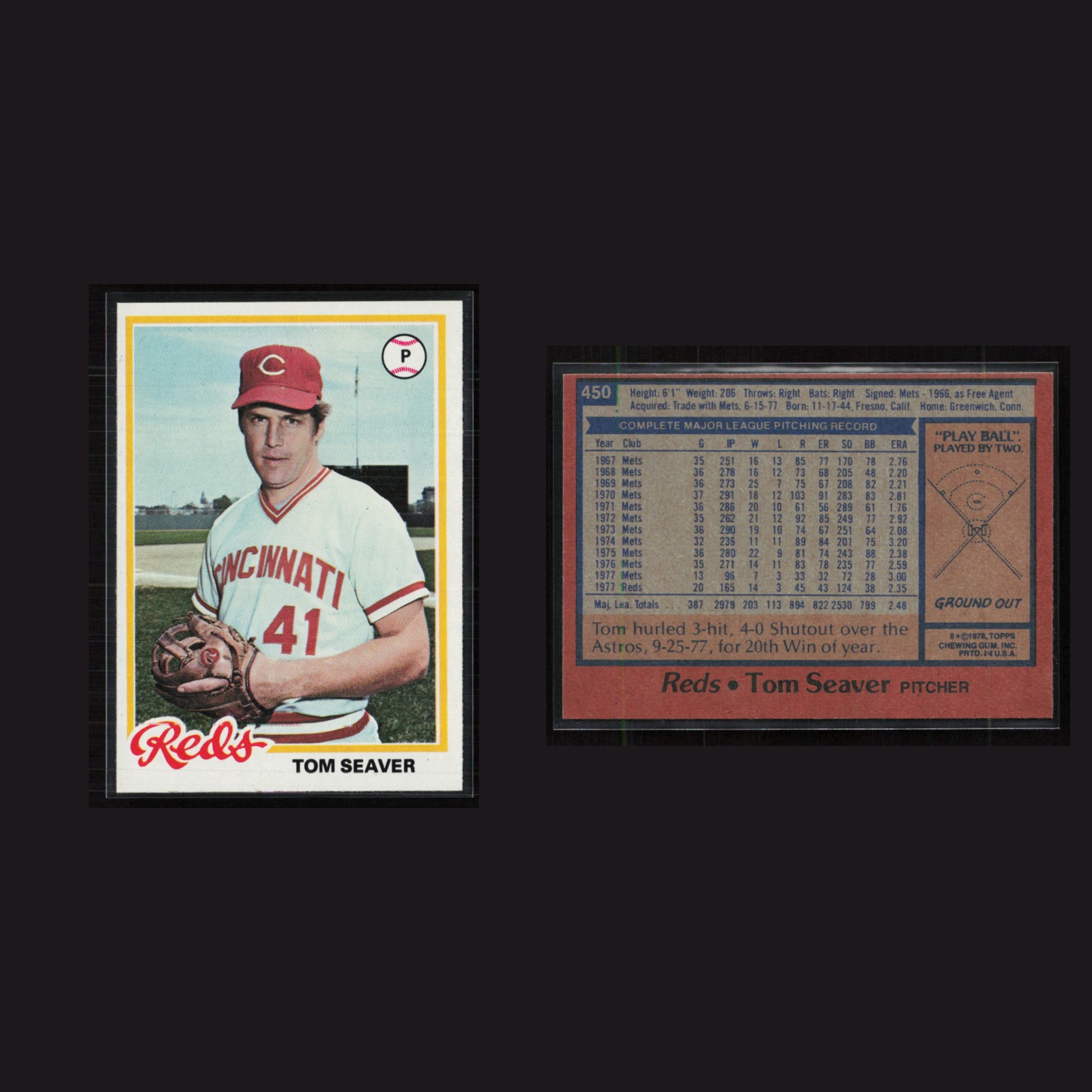1978 Tom Seaver #450 NM-MT Topps Cincinnati Reds Vintage Baseball Card Set-Break front and back scans. Card condition is Near Mint.
