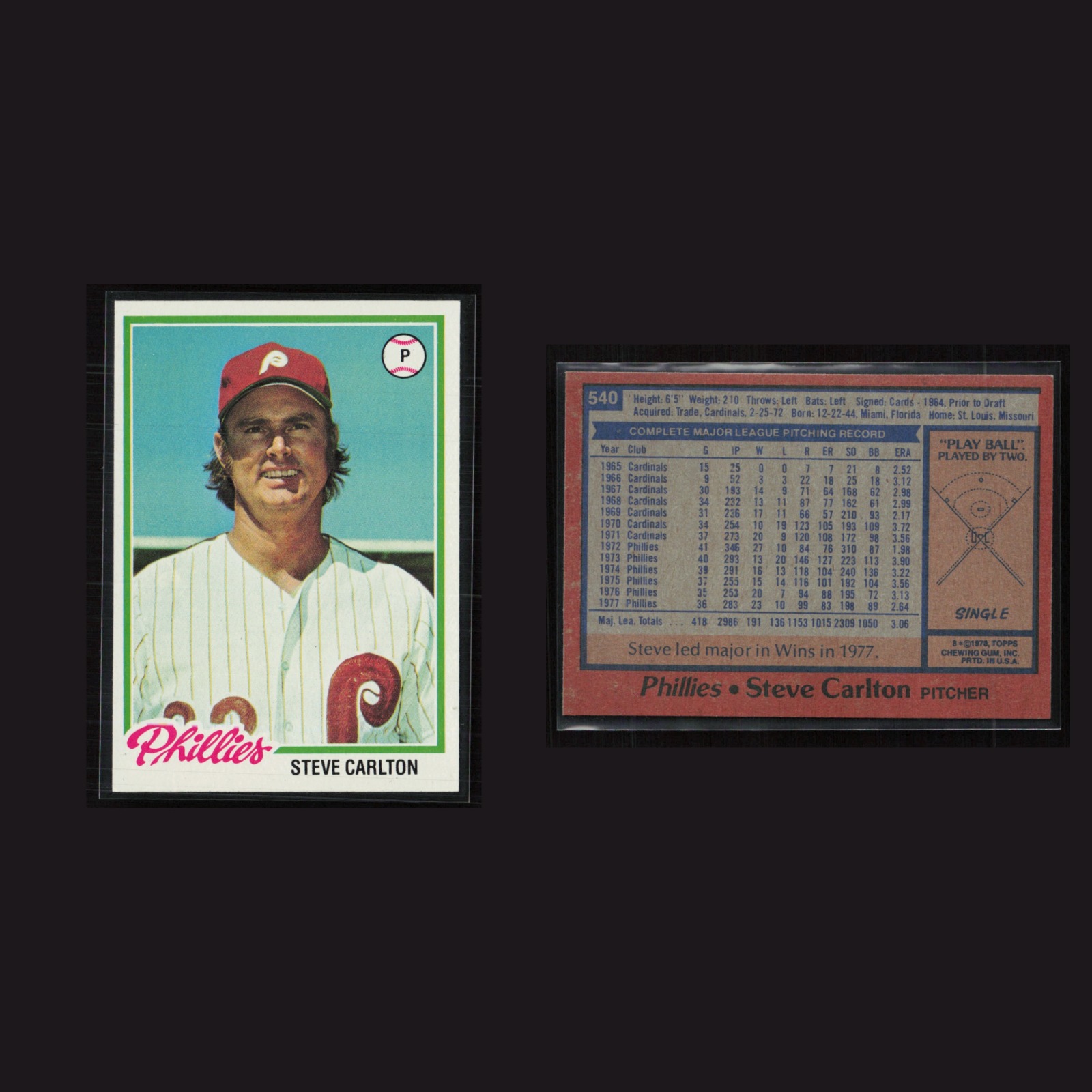 1978 Steve Carlton #540 NM-MT Topps Philadelphia Phillies Vintage Baseball Card front and back scans. Card condition is Near Mint.