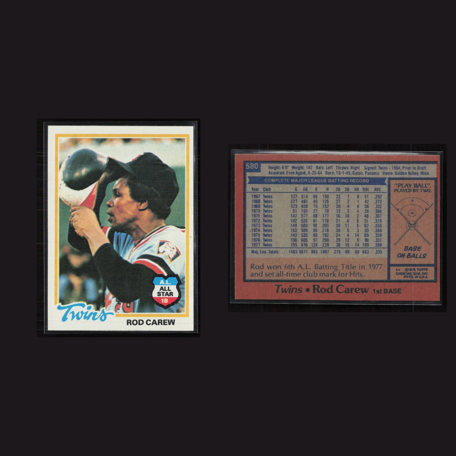 1978 Rod Carew #580 NM Topps Minnesota Twins Vintage Baseball Card Set-Break MLB front and back scans. Card condition is Near Mint.