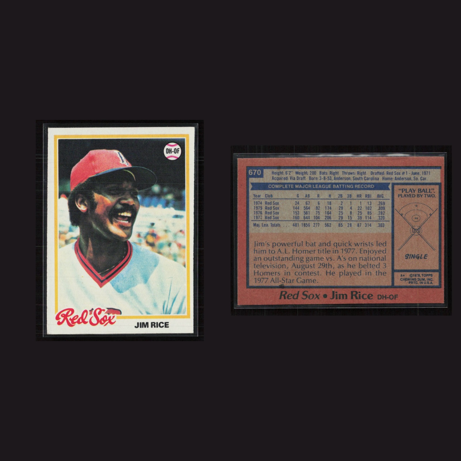 1978 Jim Rice #670 NM-MT Topps Boston Red Sox Vintage Baseball Card Set-Break front and back scans. Card condition is Near Mint.