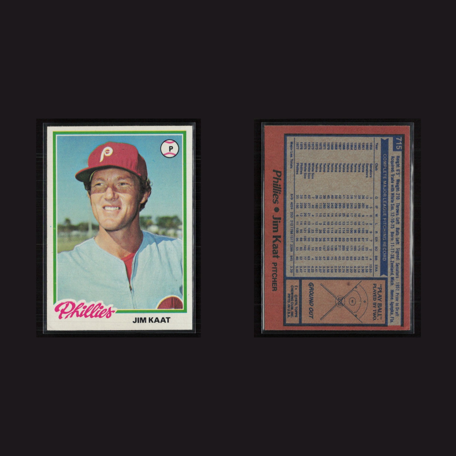 1978 Jim Kaat #715 MINT Topps Philadelphia Phillies Vintage Baseball Card MLB front and back scans. Card condition is Near Mint.