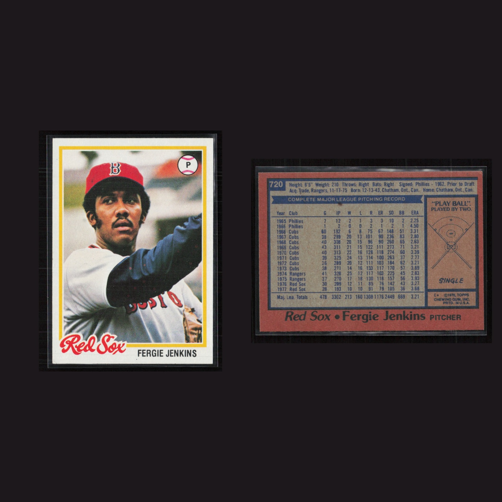 1978 Fergie Jenkins #720 MINT Topps Boston Red Sox Vintage Baseball Card MLB front and back scans. Card condition is Near Mint.