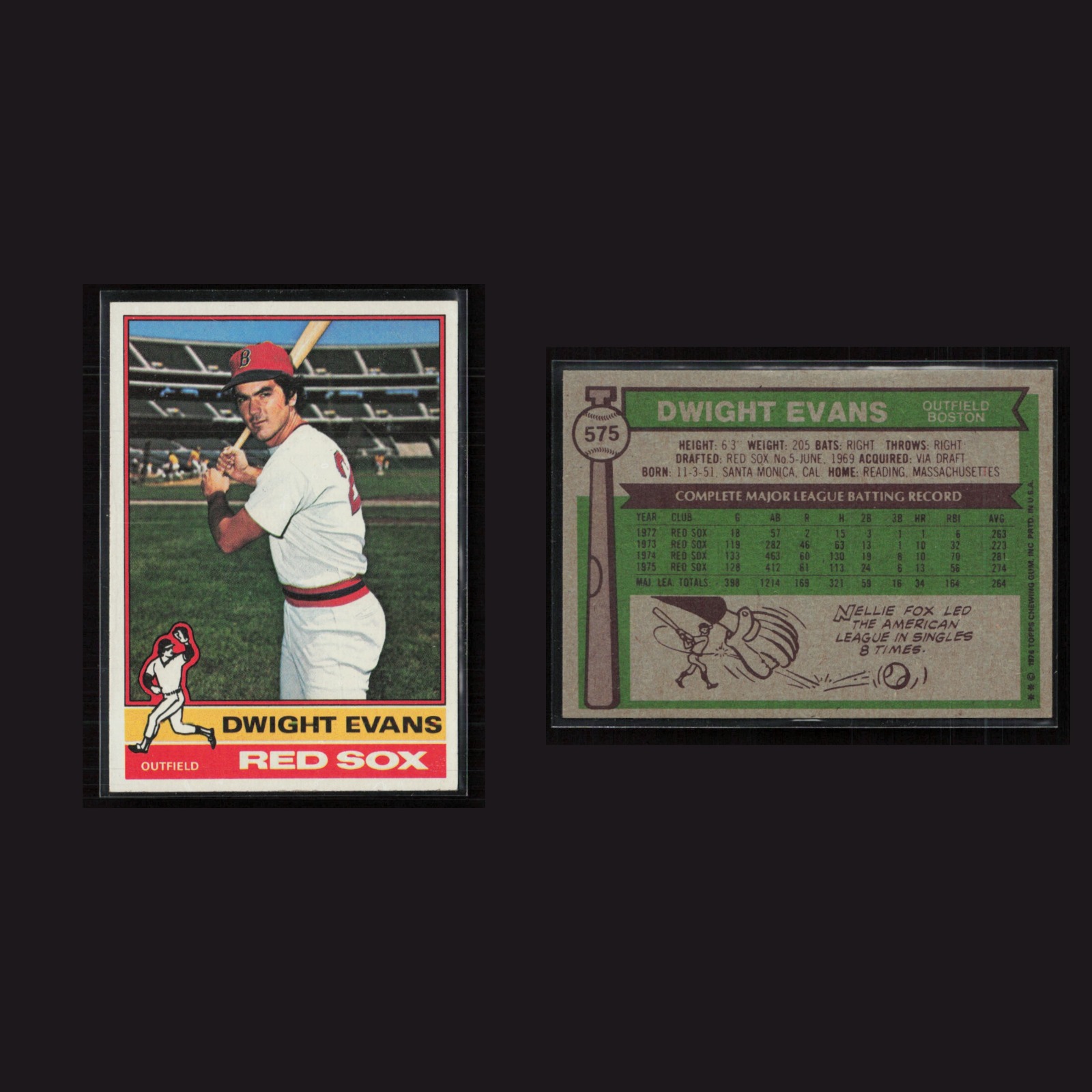 1976 Dwight Evans #575 NM Topps Boston Red Sox Vintage Baseball Card Set-Break front and back scans. Card condition is Near Mint.
