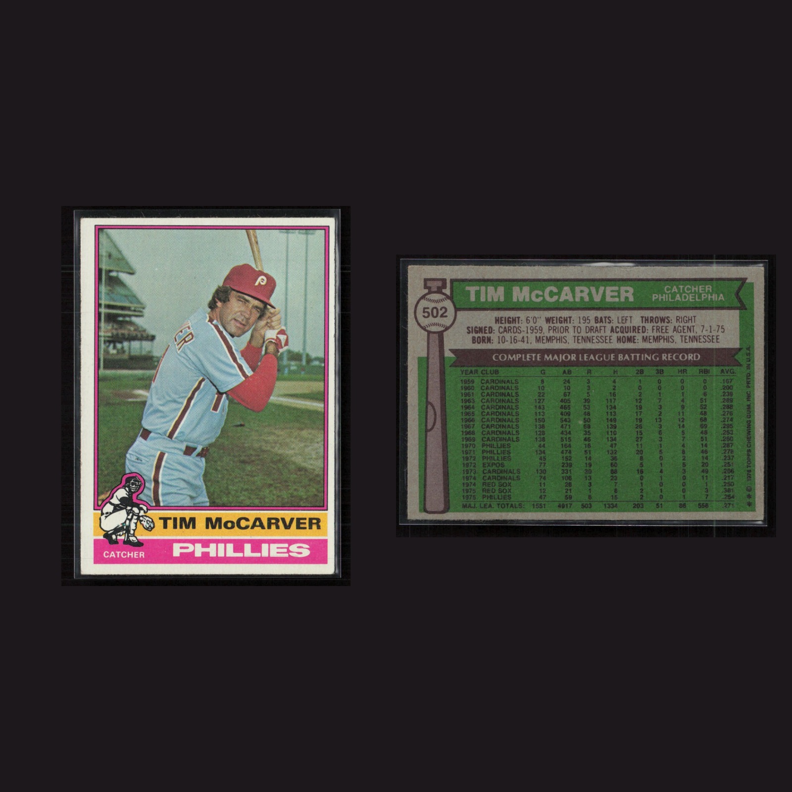 1976 Tim McCarver #502 EX Topps Philadelphia Phillies Vintage Baseball Card MLB front and back scans. Card condition is Near Mint.