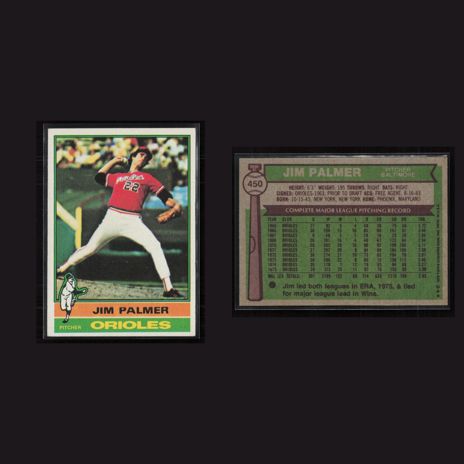 1976 Jim Palmer #450 NM Topps Baltimore Orioles Vintage Baseball Card Set-Break front and back scans. Card condition is Near Mint.