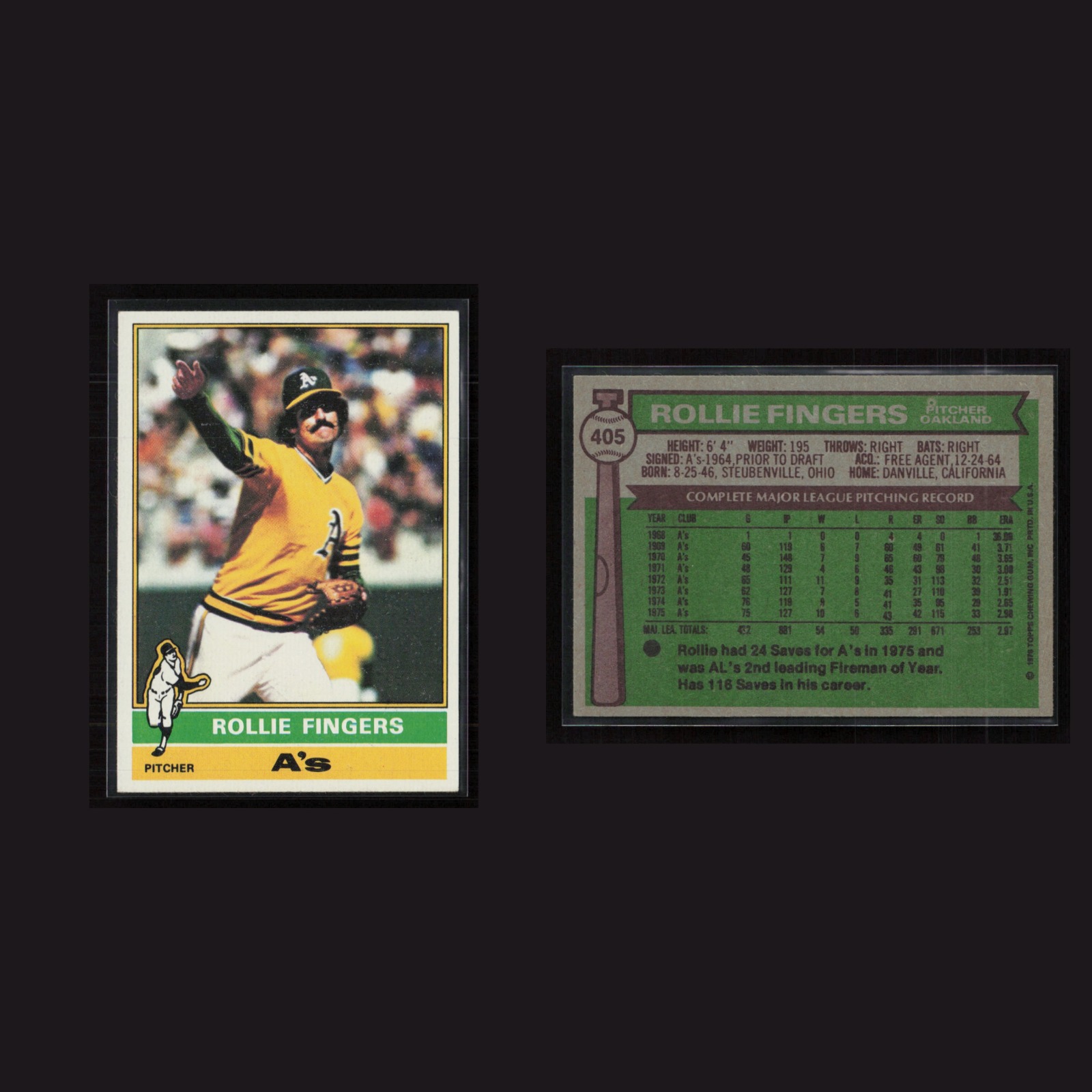 1976 Rollie Fingers #405 NM Topps Black Border Oakland Athletics Vintage Card front and back scans. Card condition is Near Mint.