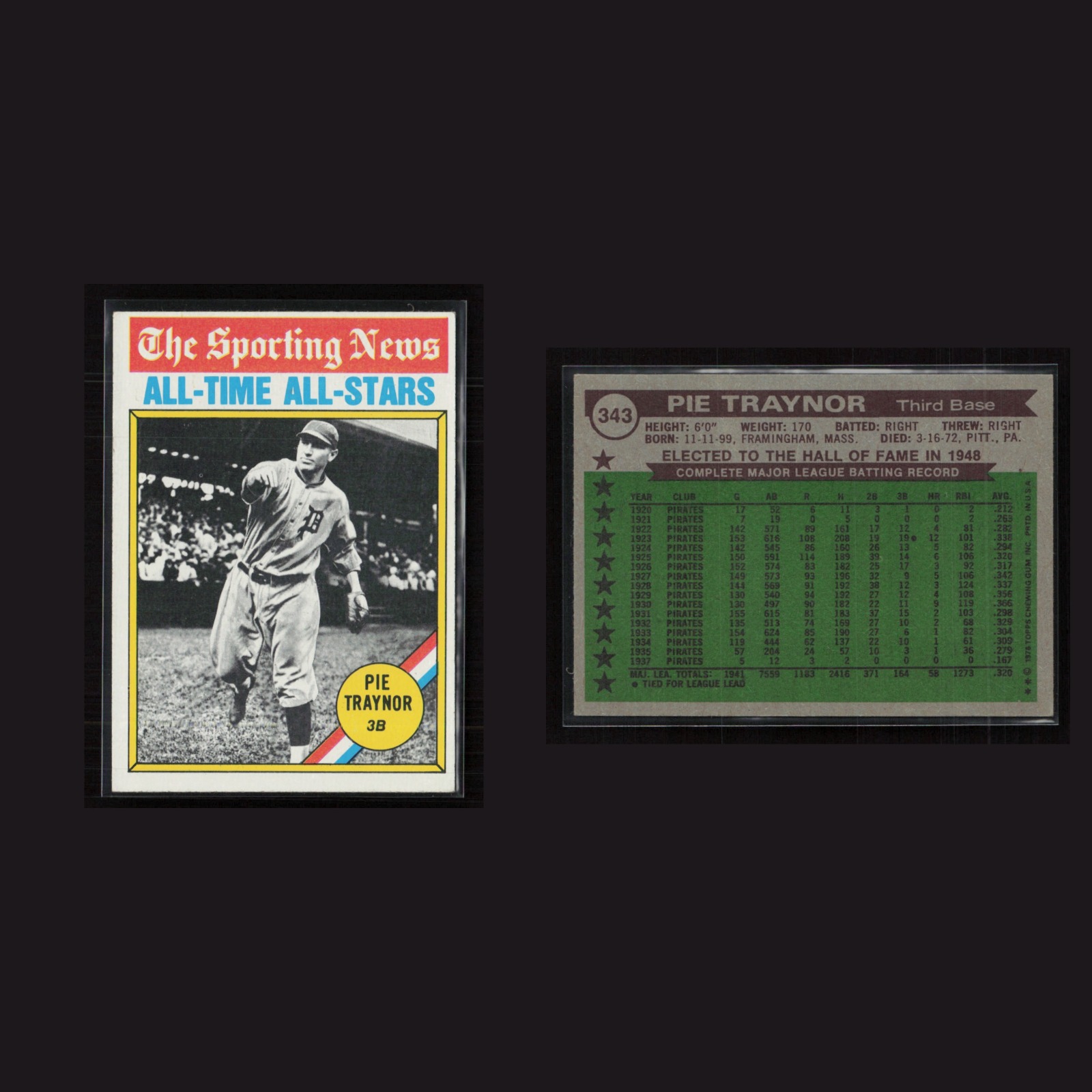 1976 Pie Traynor #343 EX Topps Pittsburgh Pirates Vintage Baseball Card MLB front and back scans. Card condition is Near Mint.