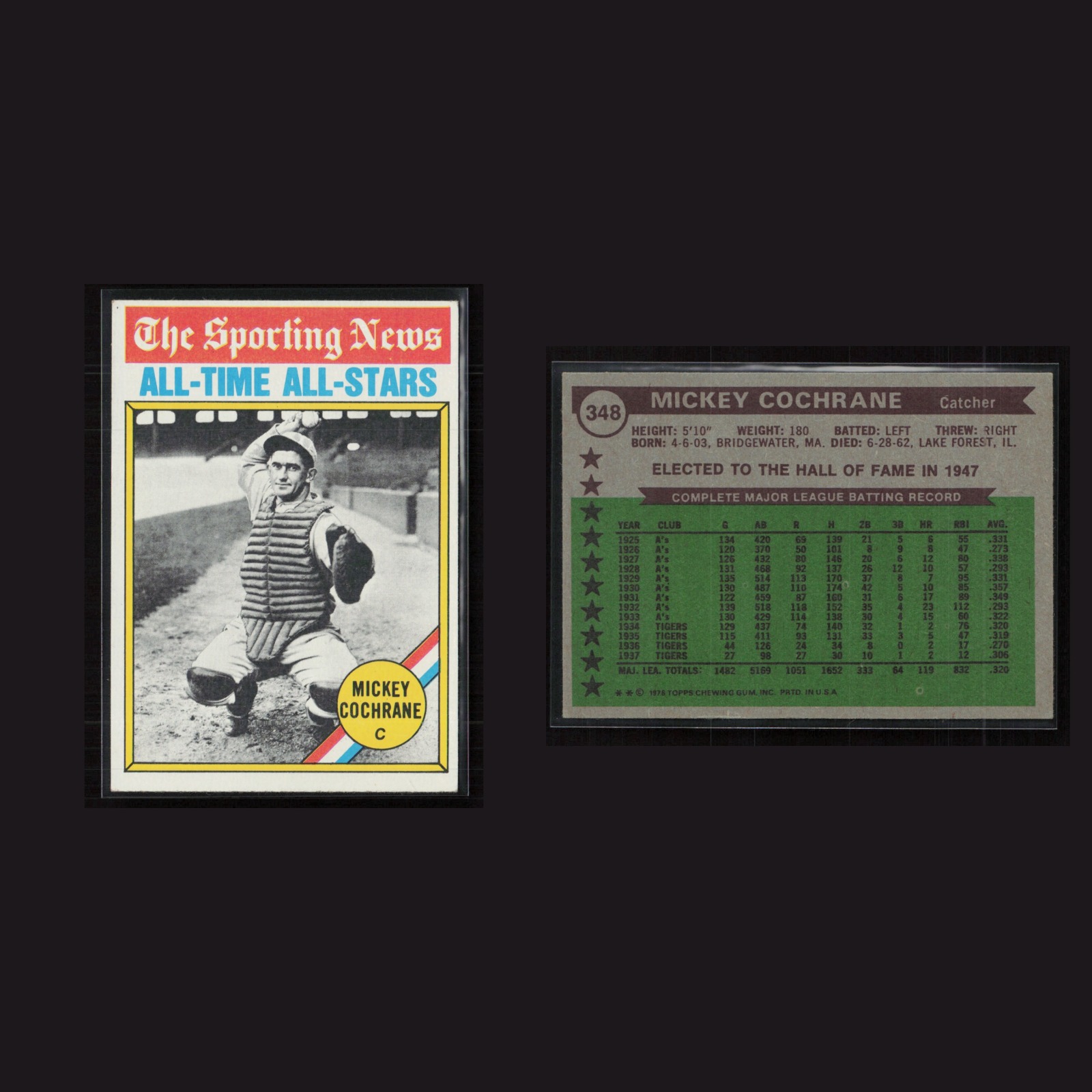 1976 Mickey Cochrane #348 EX Topps Philadelphia Athletics Vintage Baseball Card front and back scans. Card condition is Near Mint.