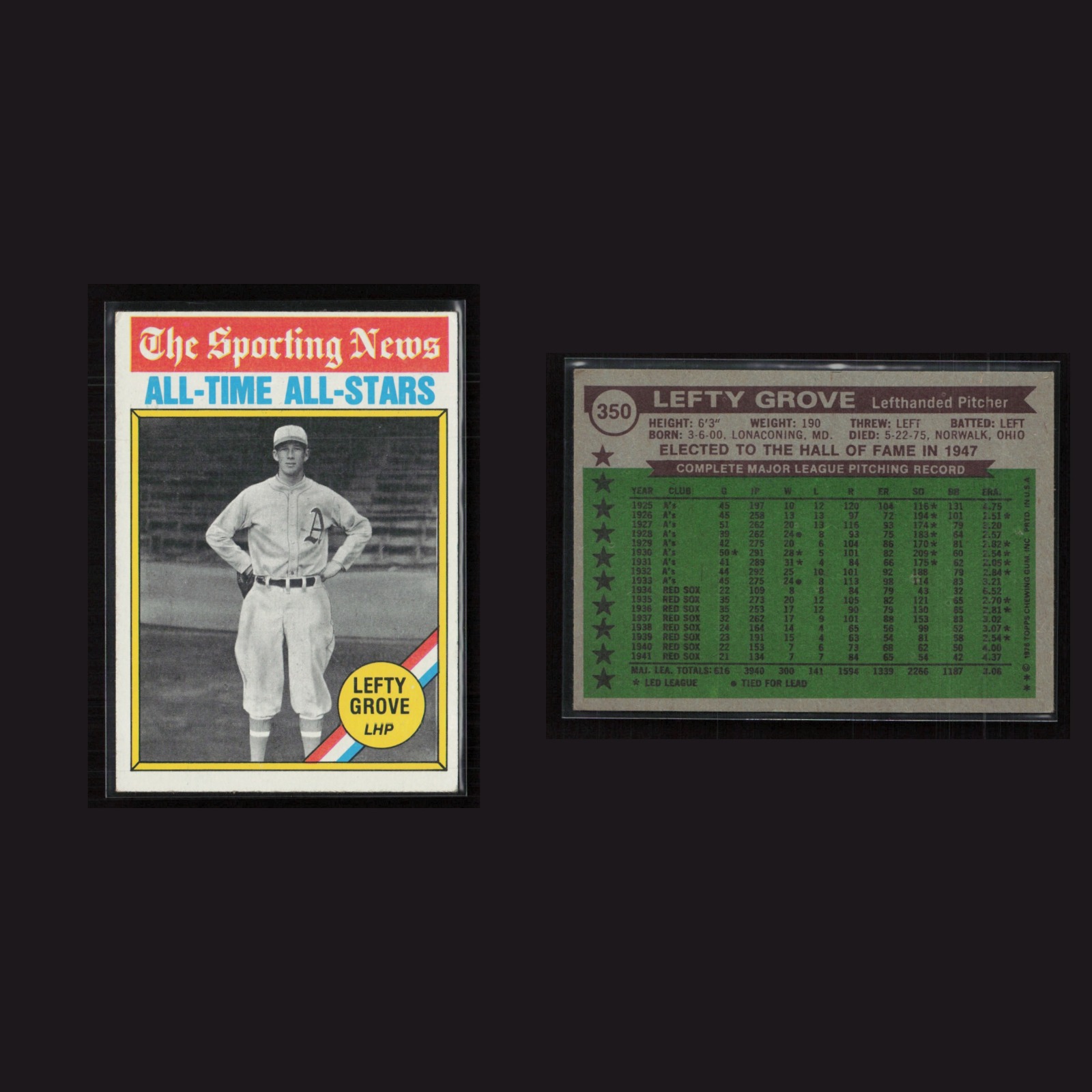 1976 Lefty Grove #350 EX-EXMINT Topps Philadelphia Athletics Vintage Baseball front and back scans. Card condition is Near Mint.