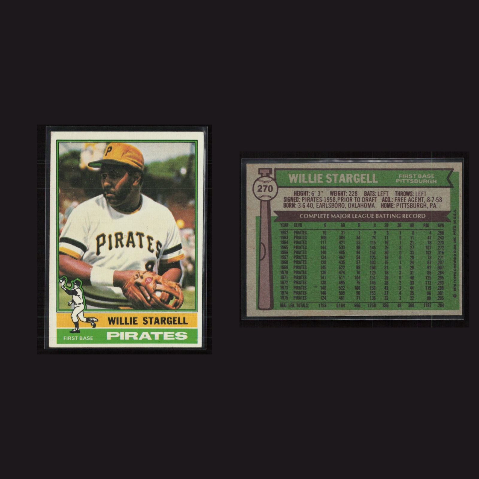 1976 Willie Stargell #270 EX-EXMINT Topps Pittsburgh Pirates Vintage Baseball front and back scans. Card condition is Near Mint.