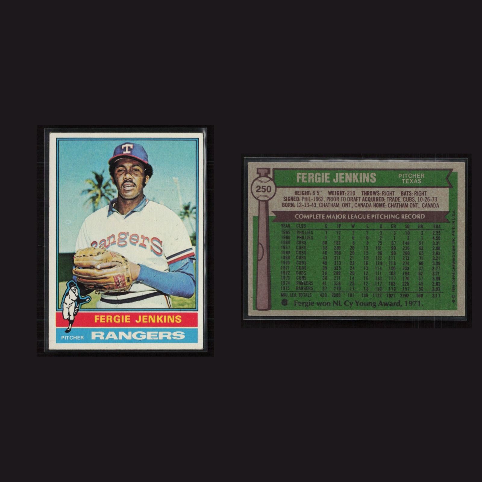 1976 Fergie Jenkins #250 NM Topps Texas Rangers Vintage Baseball Card Set-Break front and back scans. Card condition is Near Mint.