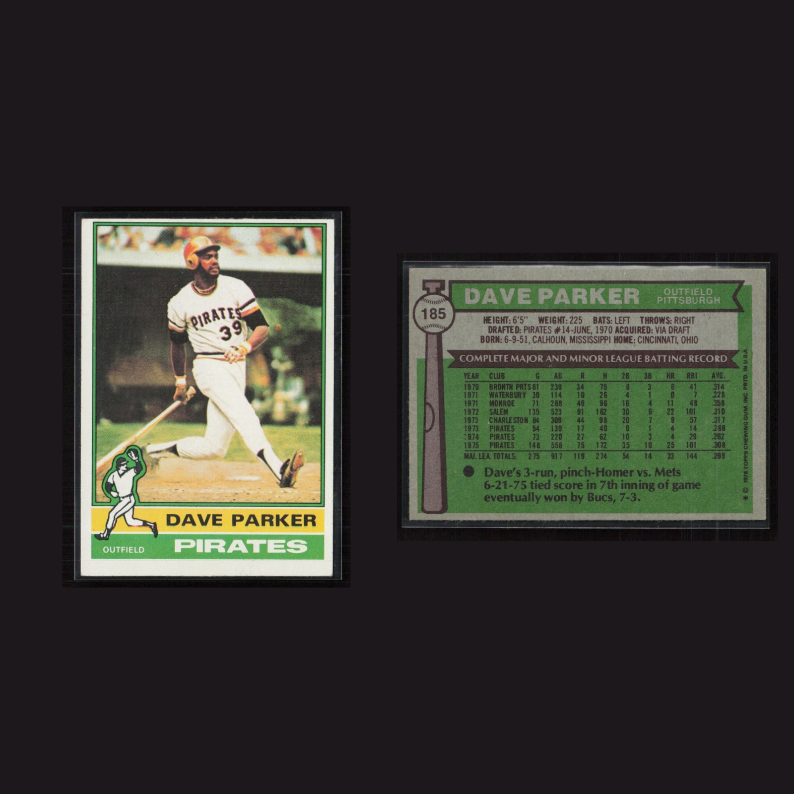 1976 Dave Parker #185 NM-MT Topps Pittsburgh Pirates Vintage Baseball Card MLB front and back scans. Card condition is Near Mint.