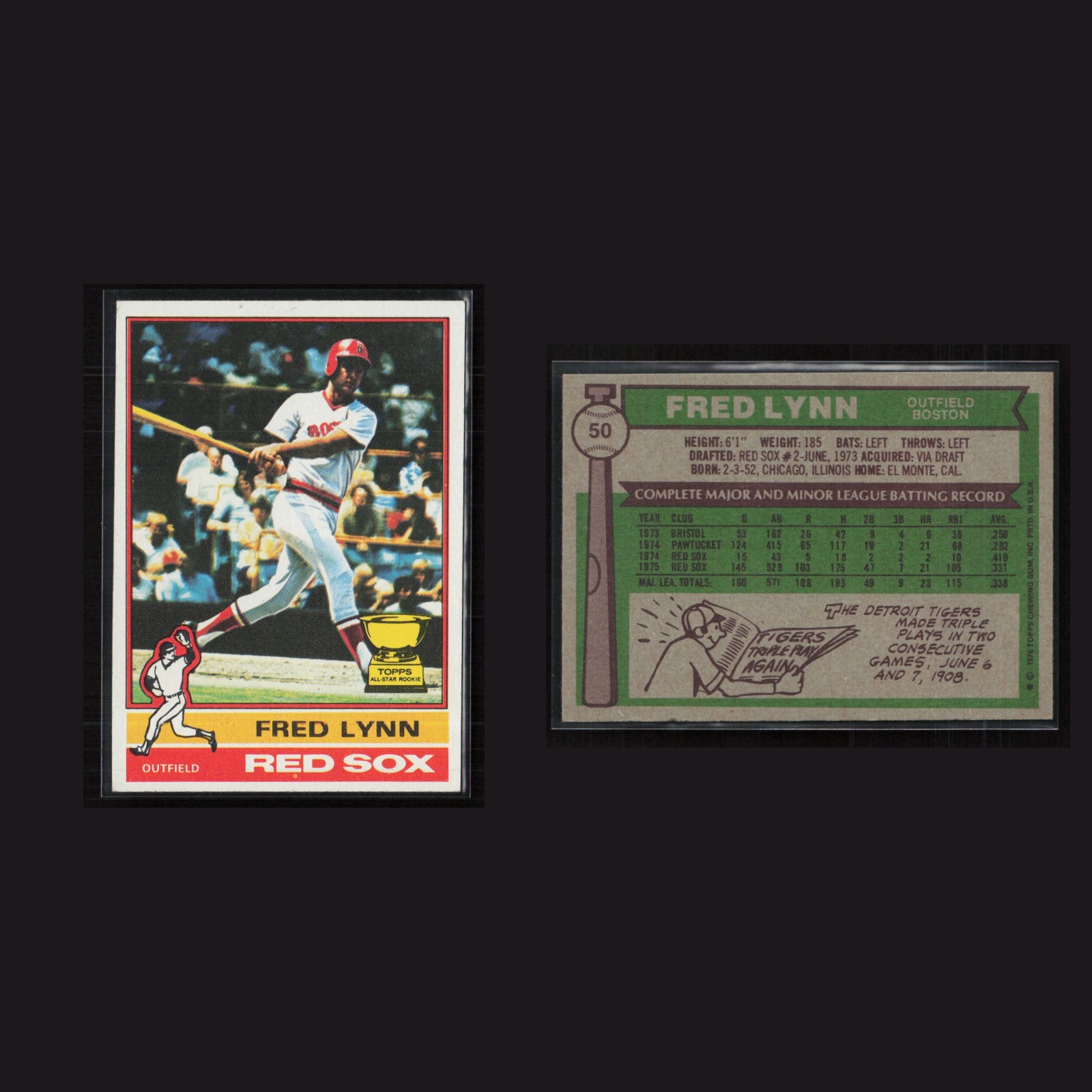 1976 Fred Lynn #50 NM Topps Boston Red Sox Vintage Baseball Card Set-Break MLB front and back scans. Card condition is Near Mint.