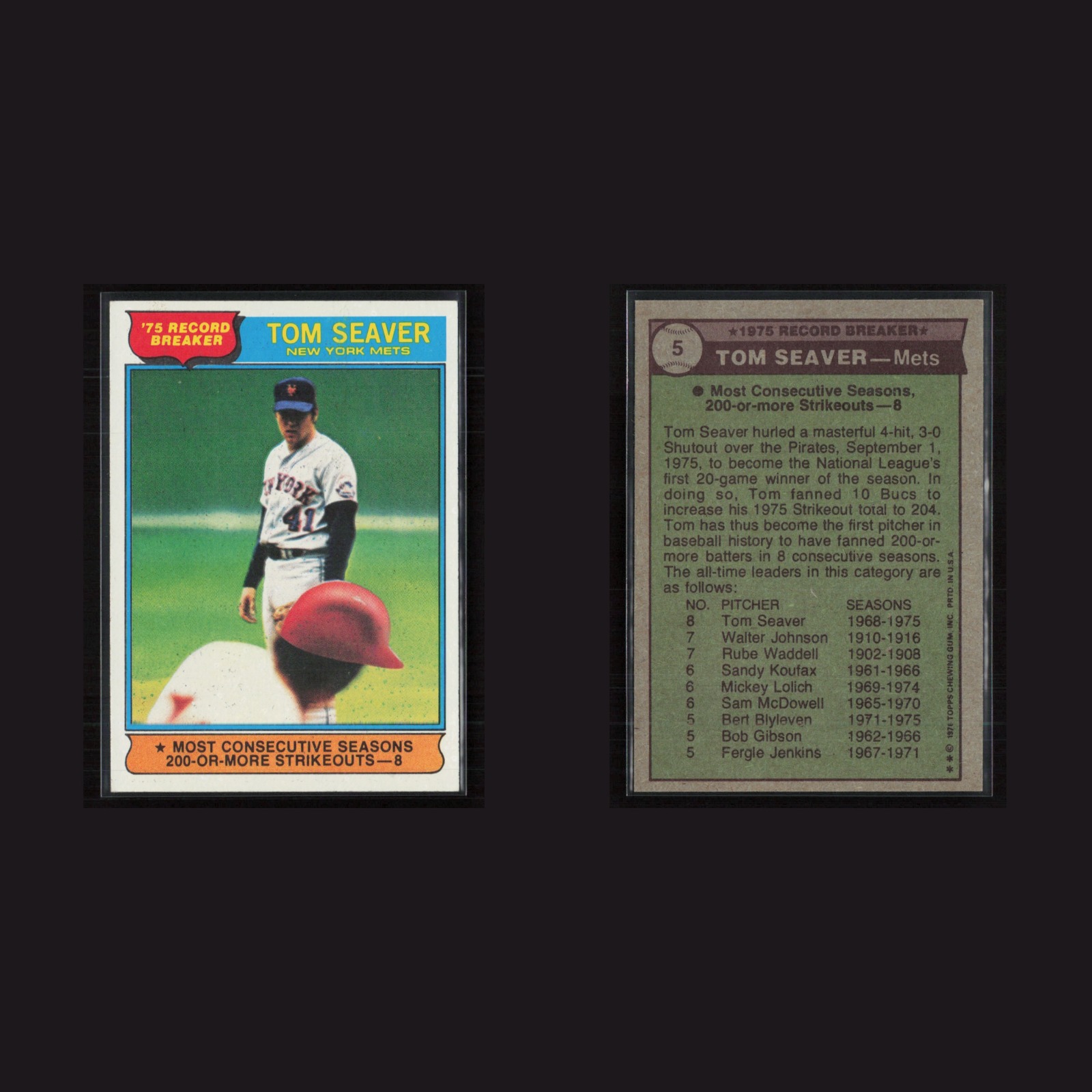 1976 Tom Seaver #5 NM-MT Topps New York Mets Vintage Baseball Card Set-Break MLB front and back scans. Card condition is Near Mint.
