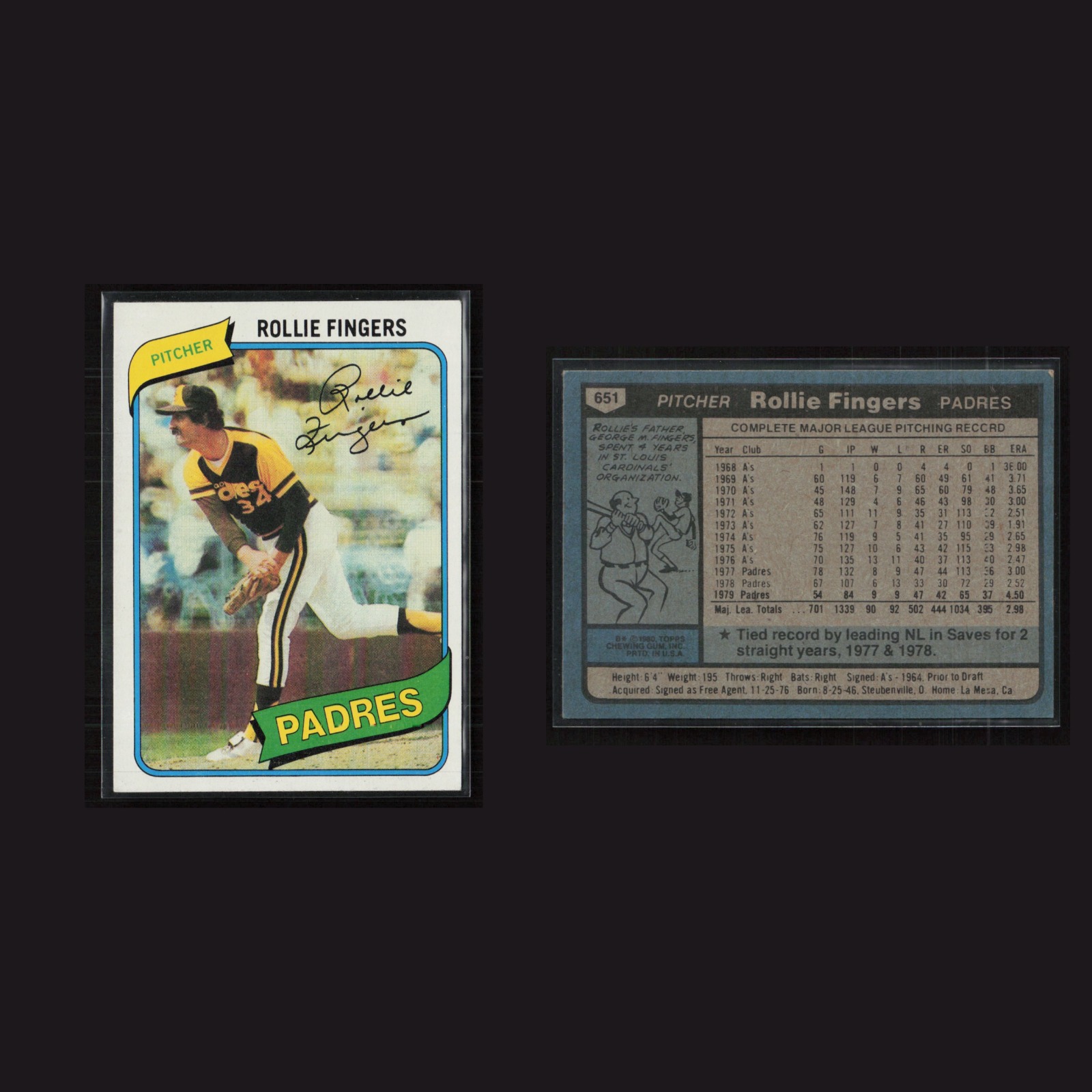 1980 Rollie Fingers #651 EX Topps San Diego Padres Baseball Card MLB front and back scans. Card condition is Near Mint.