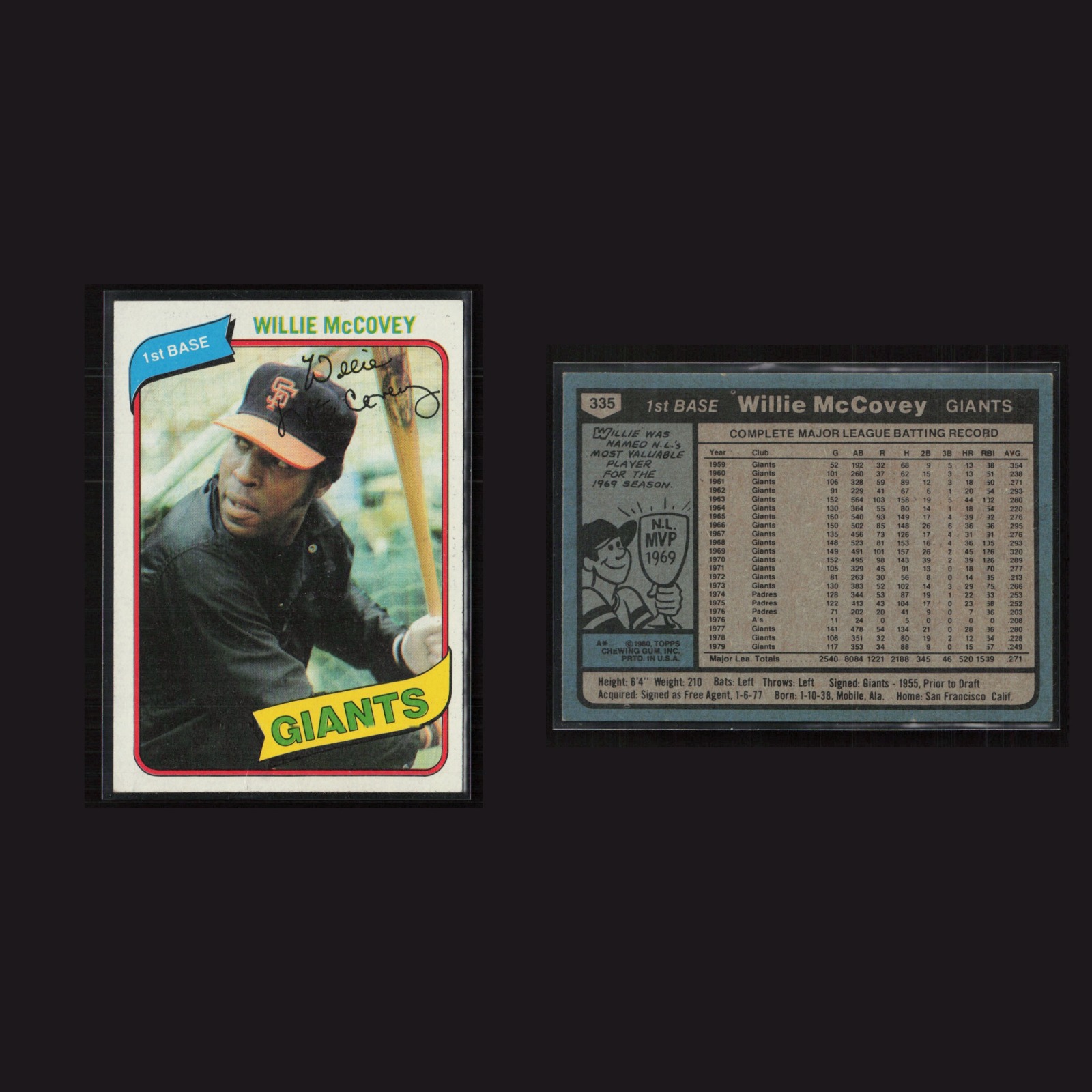 1980 Willie McCovey #335 NM Topps San Francisco Giants Baseball Card MLB front and back scans. Card condition is Near Mint.