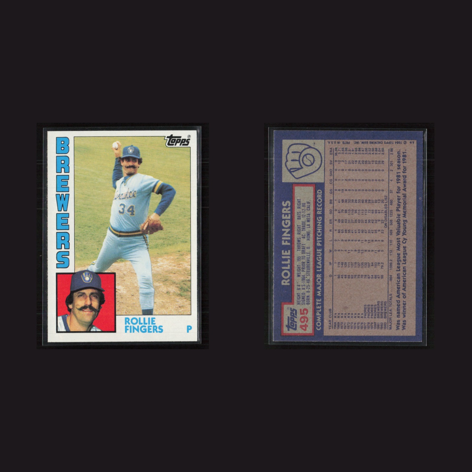1984 Rollie Fingers #495 NM Topps Milwaukee Brewers Baseball Card MLB front and back scans. Card condition is Near Mint.