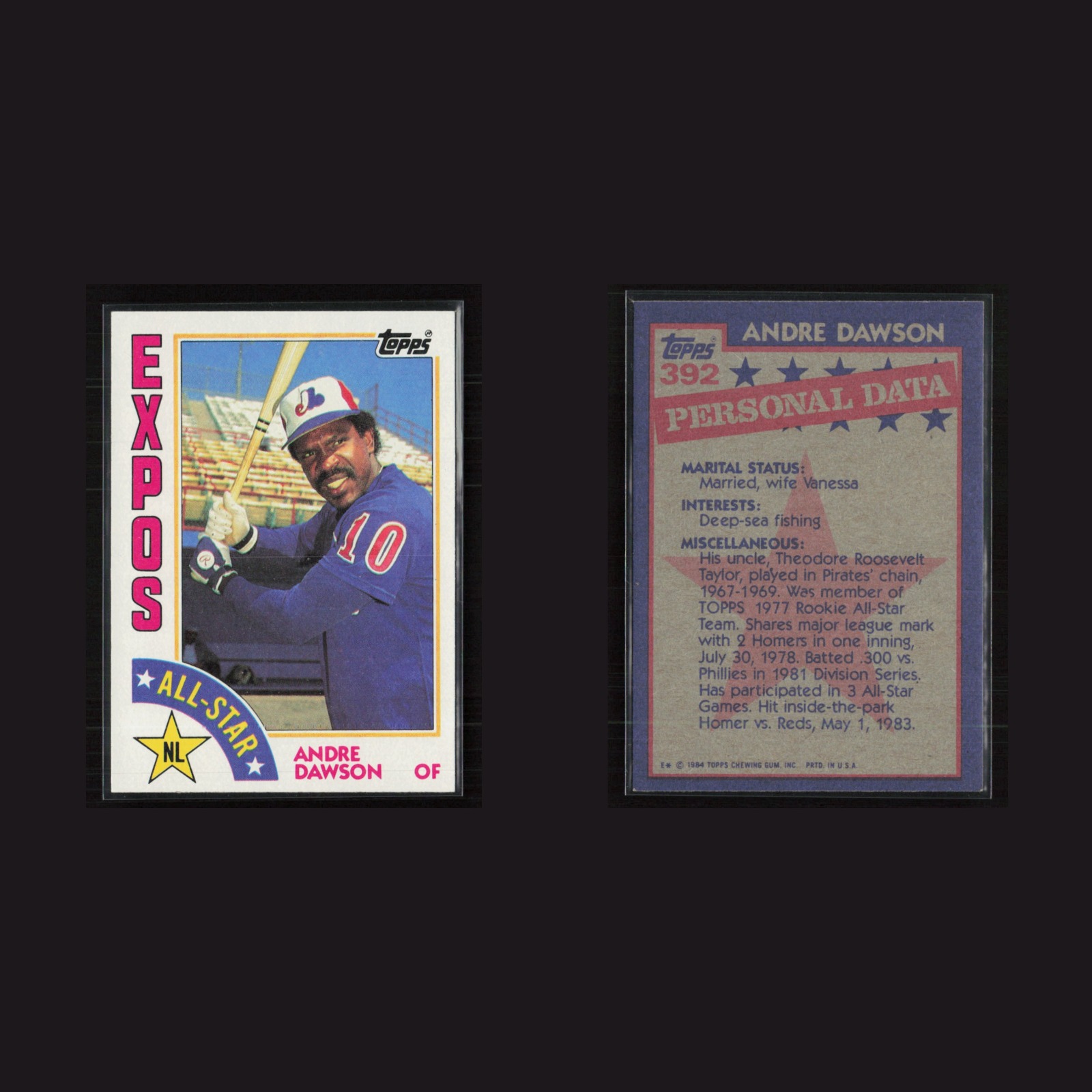 1984 Andre Dawson #392 NM-MT Topps Montreal Expos Baseball Card MLB front and back scans. Card condition is Near Mint.
