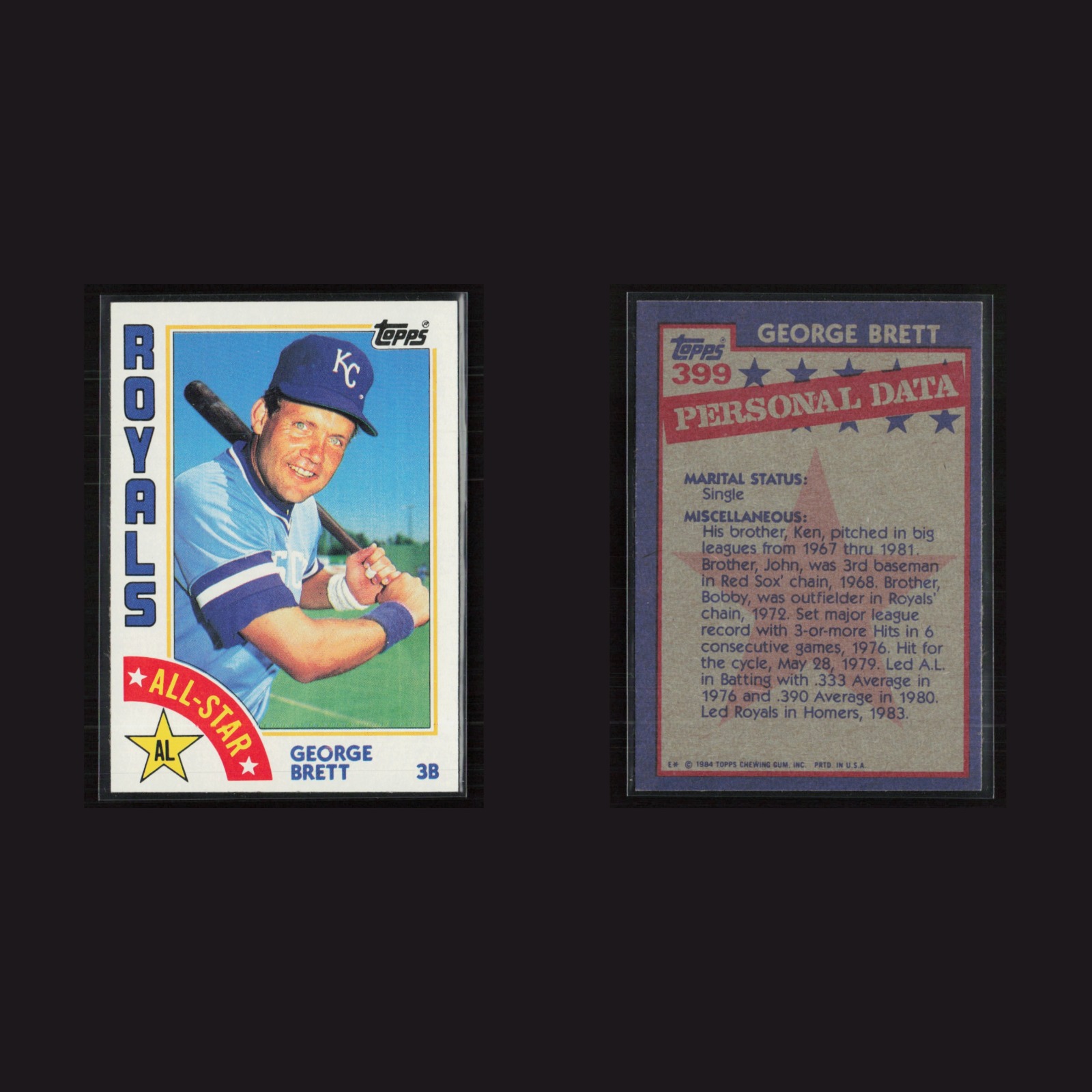 1984 George Brett #399 NM Topps Kansas City Royals Baseball Card MLB front and back scans. Card condition is Near Mint.