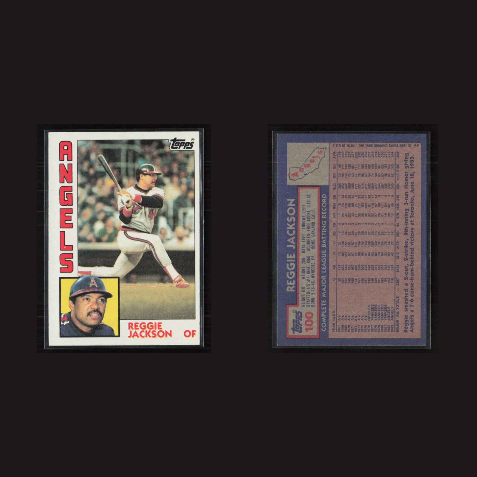 1984 Reggie Jackson #100 NM Topps California Angels Baseball Card MLB front and back scans. Card condition is Near Mint.