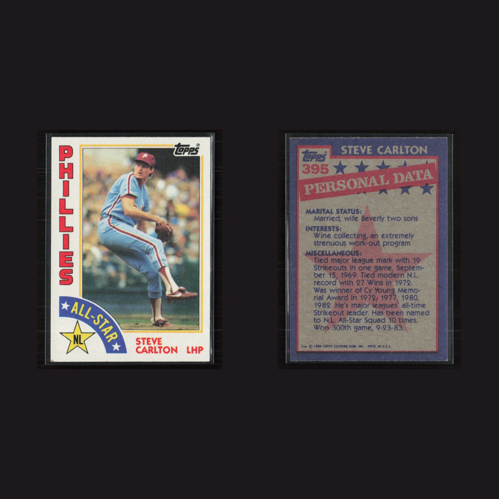 1984 Steve Carlton #395 NM-MT Topps Philadelphia Phillies Baseball Card MLB front and back scans. Card condition is Near Mint.