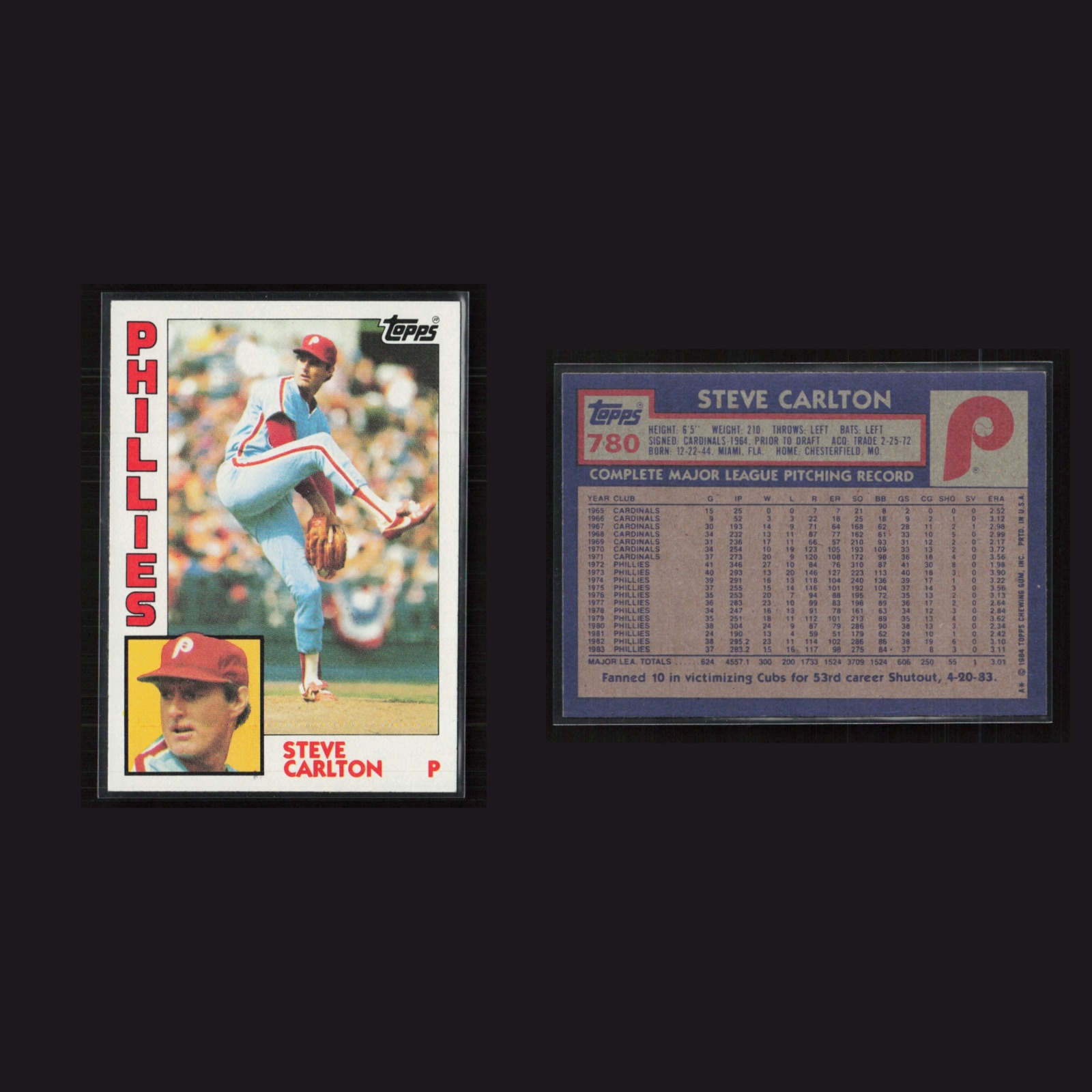 1984 Steve Carlton #780 NM-MT Topps Philadelphia Phillies Baseball Card MLB front and back scans. Card condition is Near Mint.