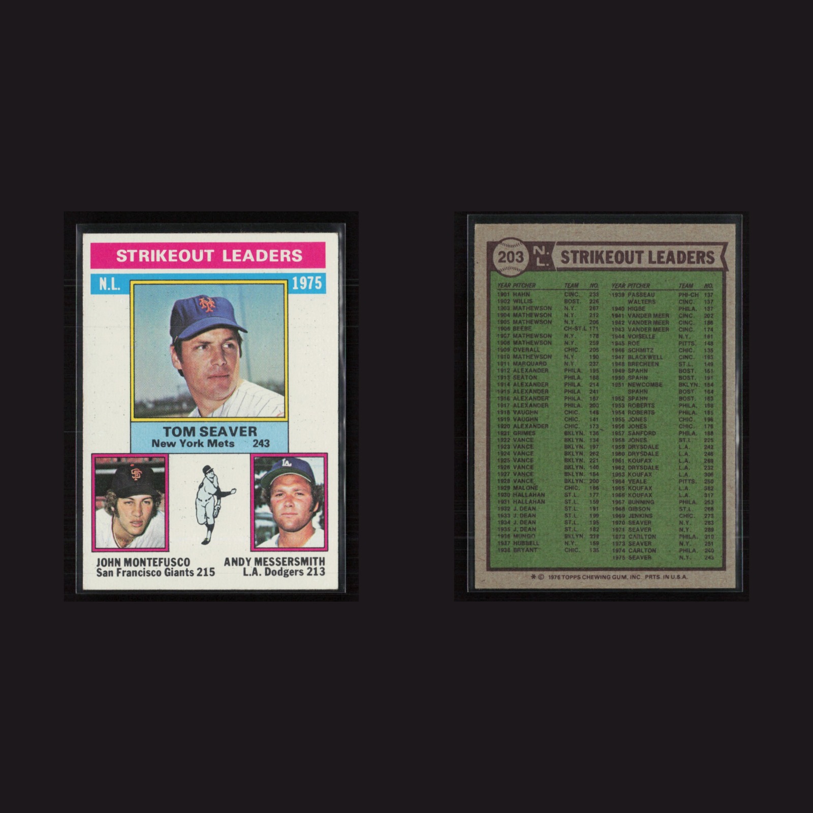 1976 NL Strikeout, Tom Seaver, John Montefusco, Andy Messersmith #203 EX Topps front and back scans. Card condition is Near Mint.