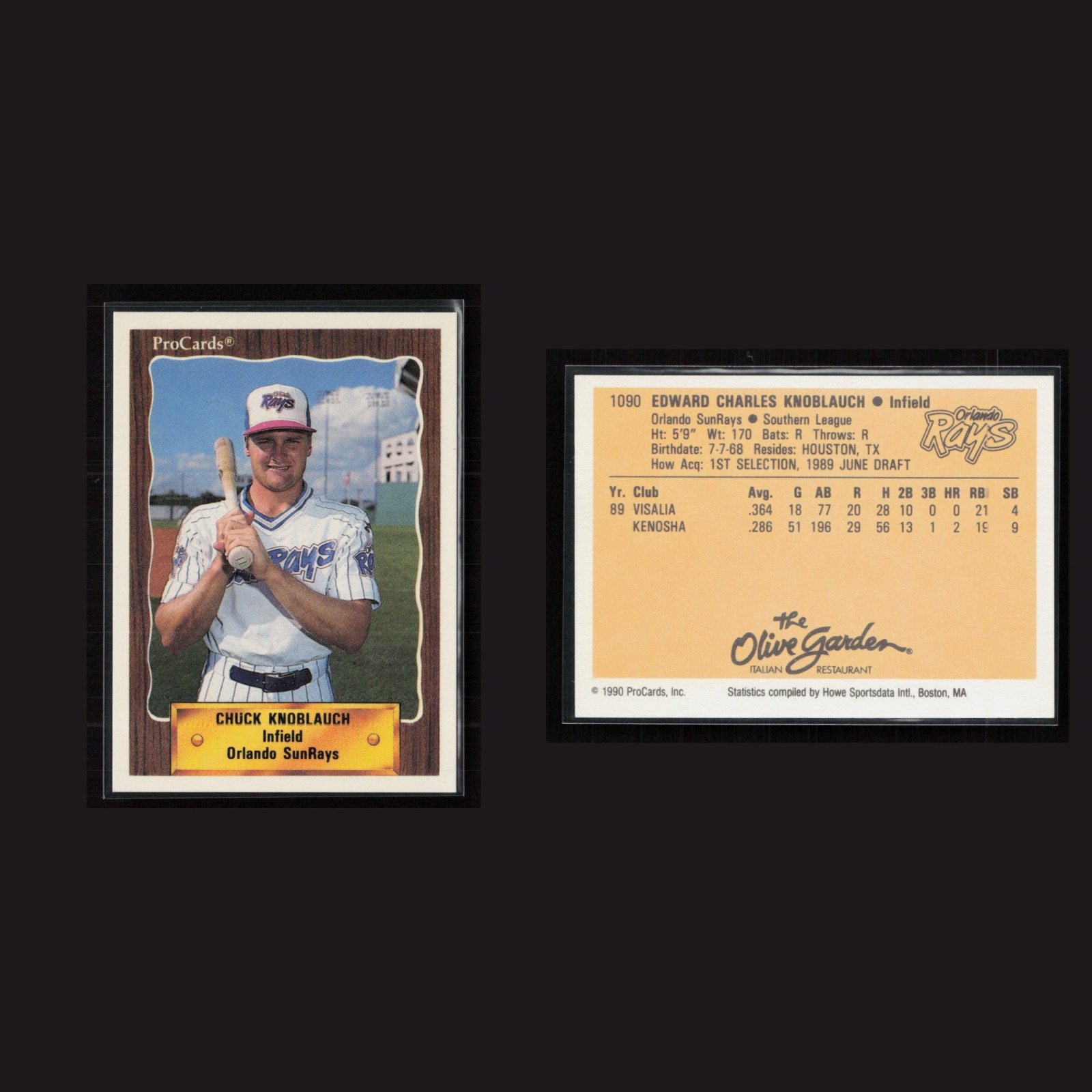 1990 Rookie Chuck Knoblauch #1090 NM-MT ProCards Orlando SunRays Baseball Card front and back scans. Card condition is Near Mint-Mint.