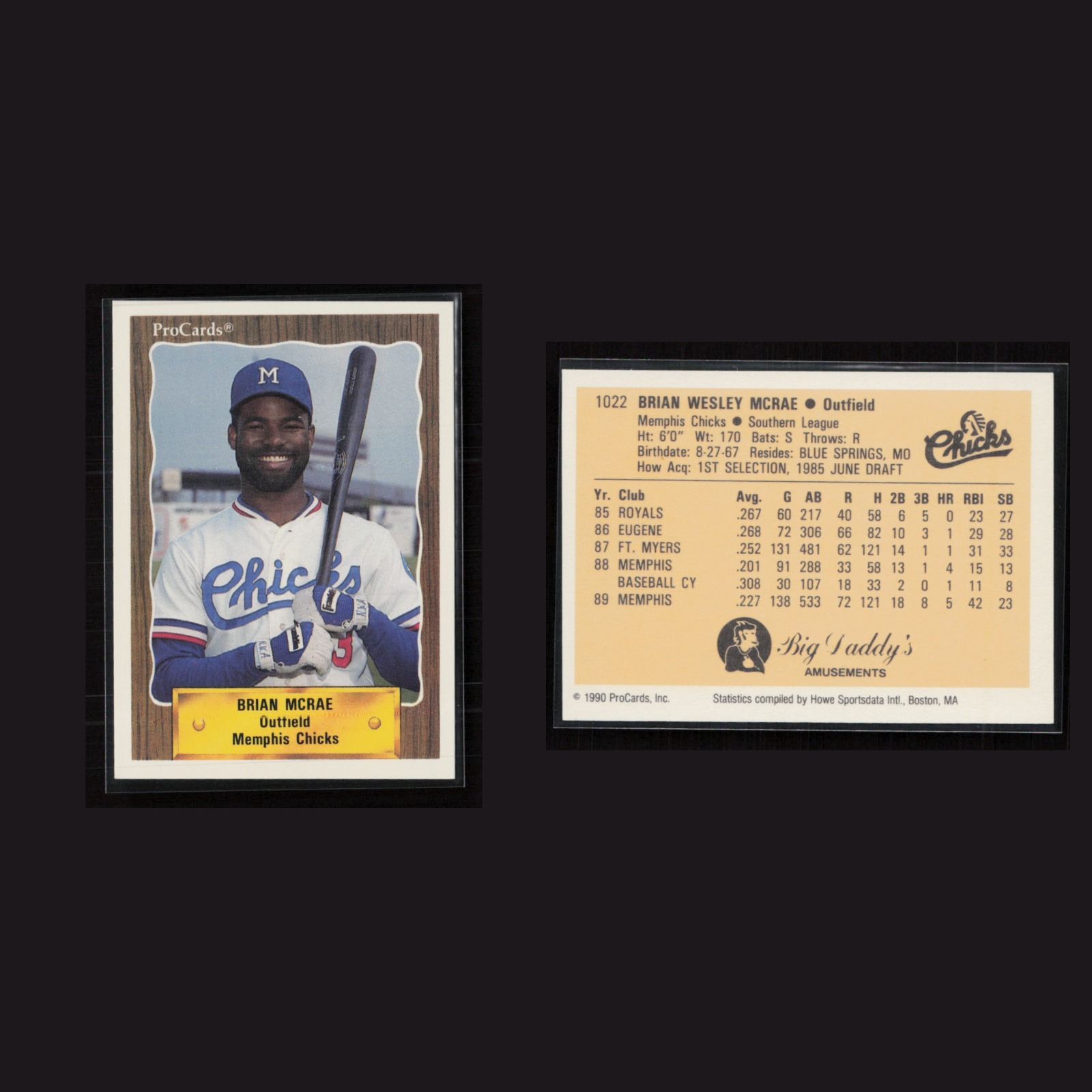 1990 Brian McRae #1022 NM-MT ProCards Memphis Chicks Baseball Card MLB front and back scans. Card condition is Near Mint-Mint.