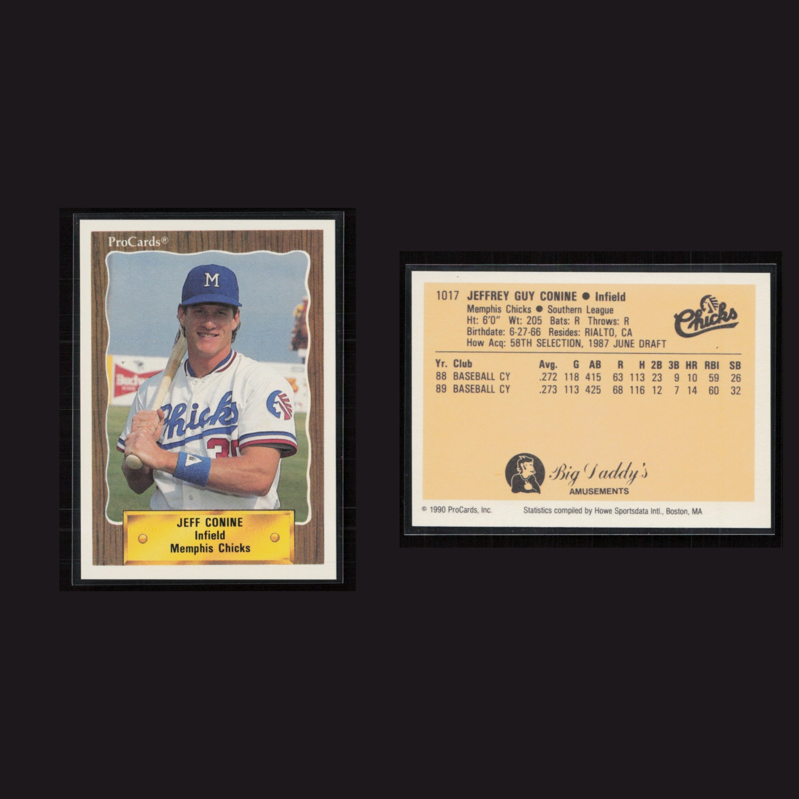 1990 Jeffrey Guy Conine #1017 NM-MT ProCards Memphis Chicks Baseball Card MLB front and back scans. Card condition is Near Mint-Mint.