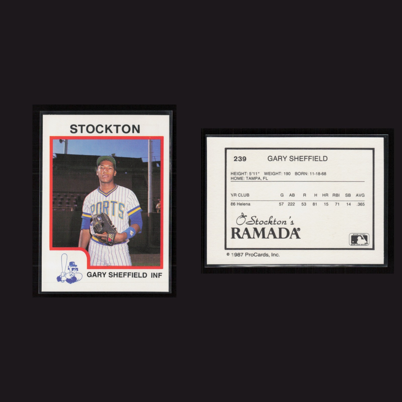 1987 Gary Sheffield #239 NM-MT ProCards Stockton's Ramada Helena Brewers Card front and back scans. Card condition is Near Mint-Mint.