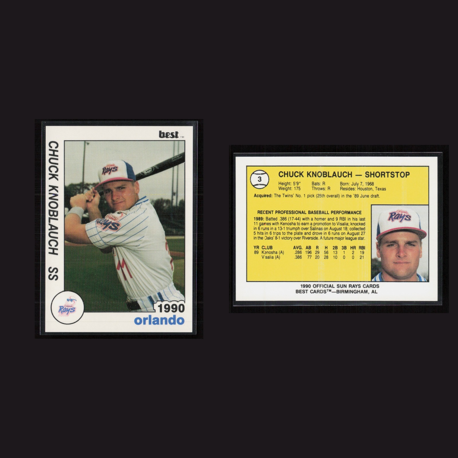 1990 Chuck Knoblauch #3 NM-MT Best Sun Rays Orlando Rays Baseball Card MLB front and back scans. Card condition is Near Mint-Mint.