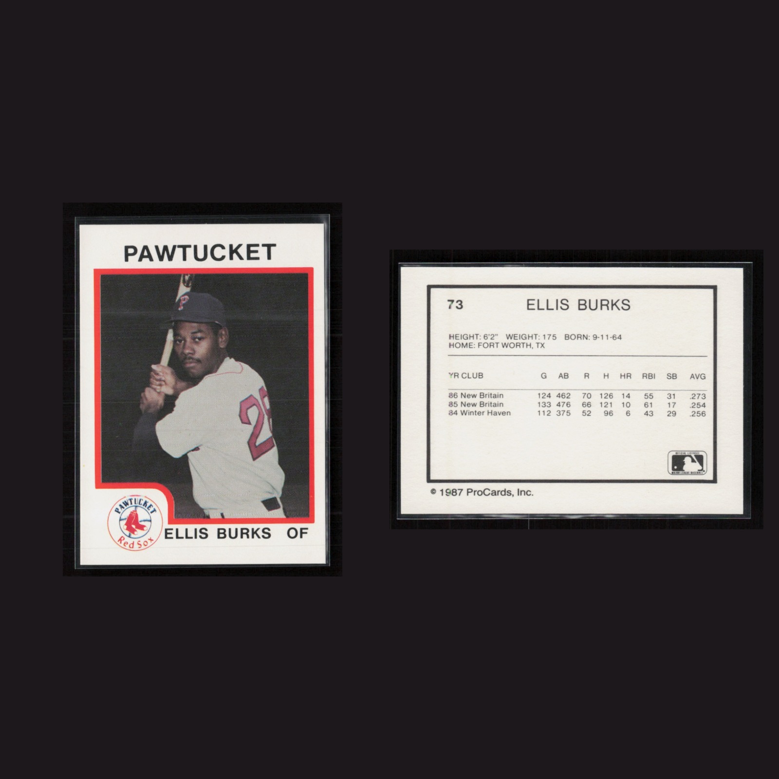 1987 Ellis Burks #73 NM-MT ProCards Pawtucket Sox Pawtucket Red Sox Baseball MLB front and back scans. Card condition is Near Mint-Mint.