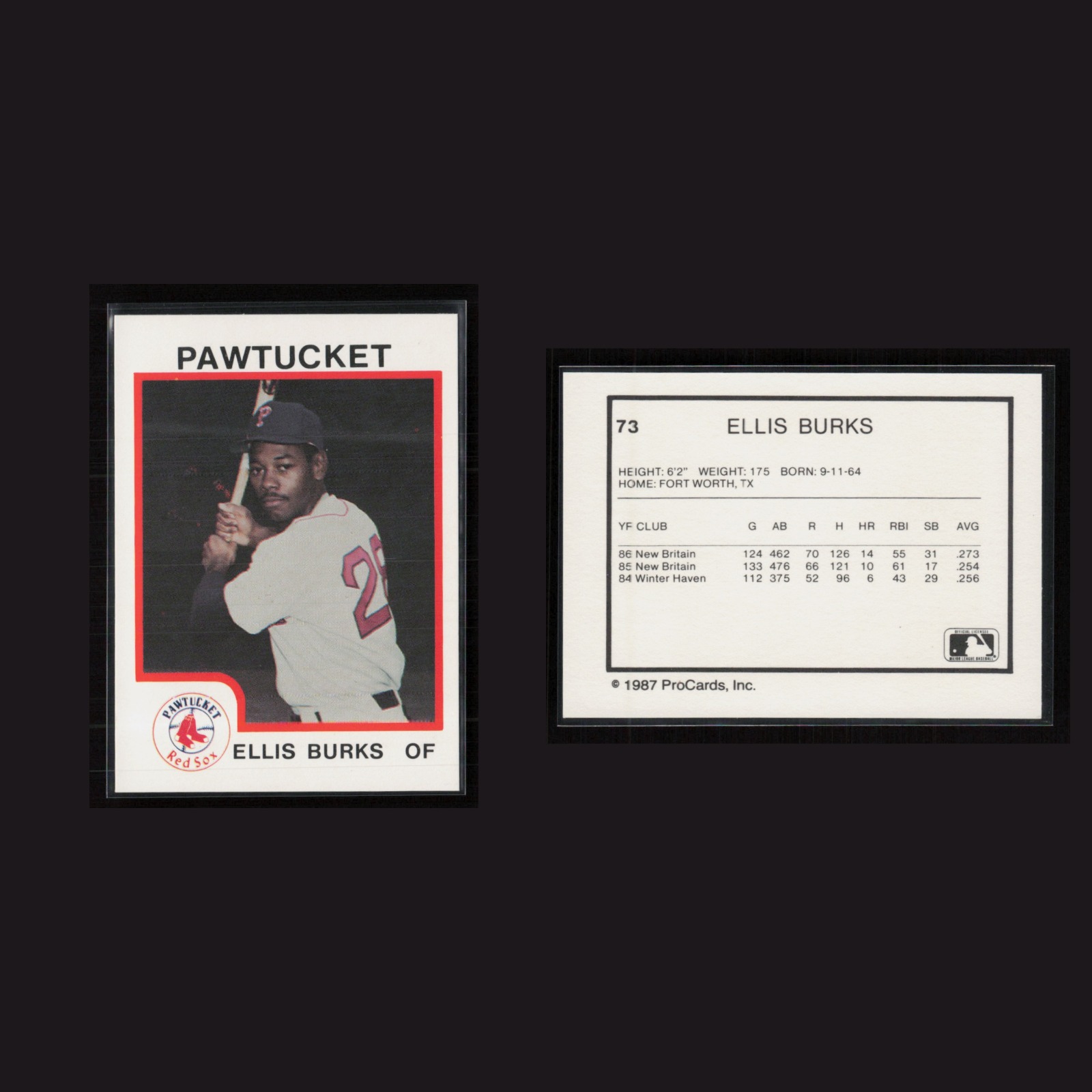 1987 Ellis Burks #73 NM-MT ProCards Pawtucket Sox Pawtucket Red Sox Baseball MLB front and back scans. Card condition is Near Mint-Mint.
