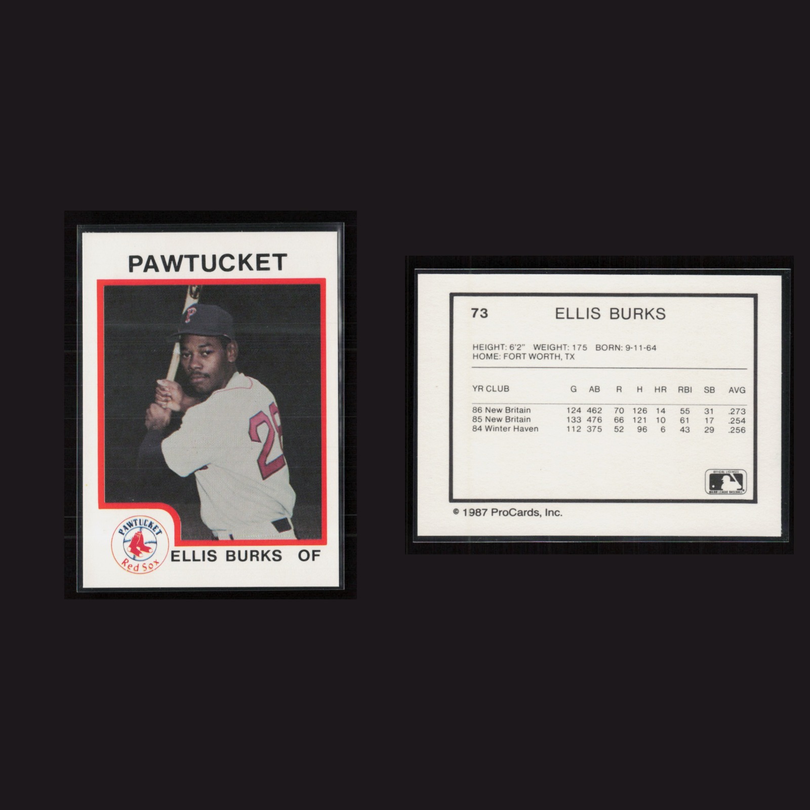 1987 Ellis Burks #73 NM-MT ProCards Pawtucket Sox Pawtucket Red Sox Baseball MLB front and back scans. Card condition is Near Mint-Mint.