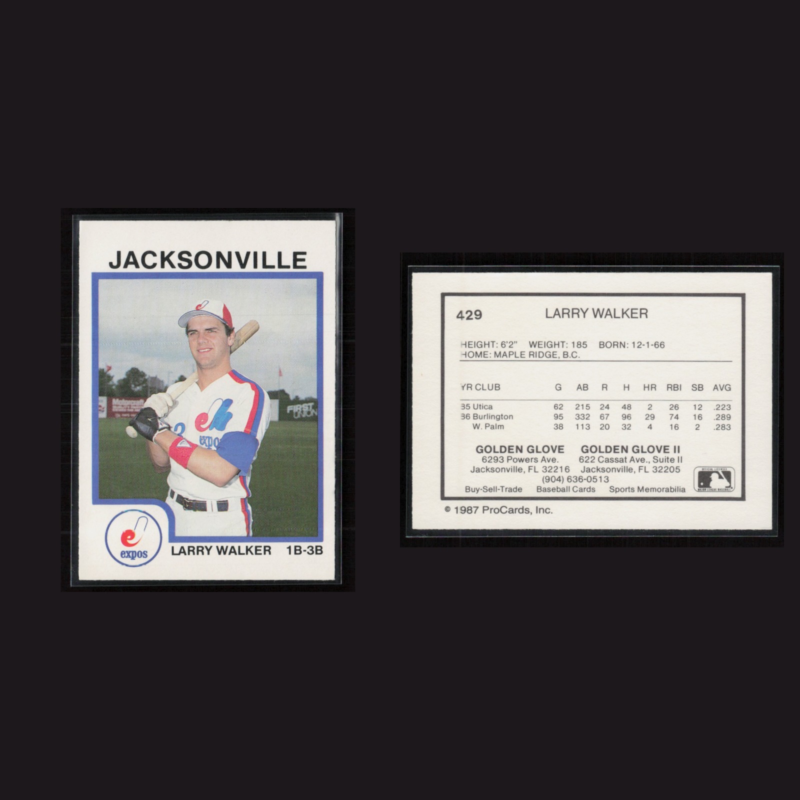 1987 Larry Walker #429 NM-MT ProCards Jacksonville Baseball Card MLB front and back scans. Card condition is Near Mint-Mint.